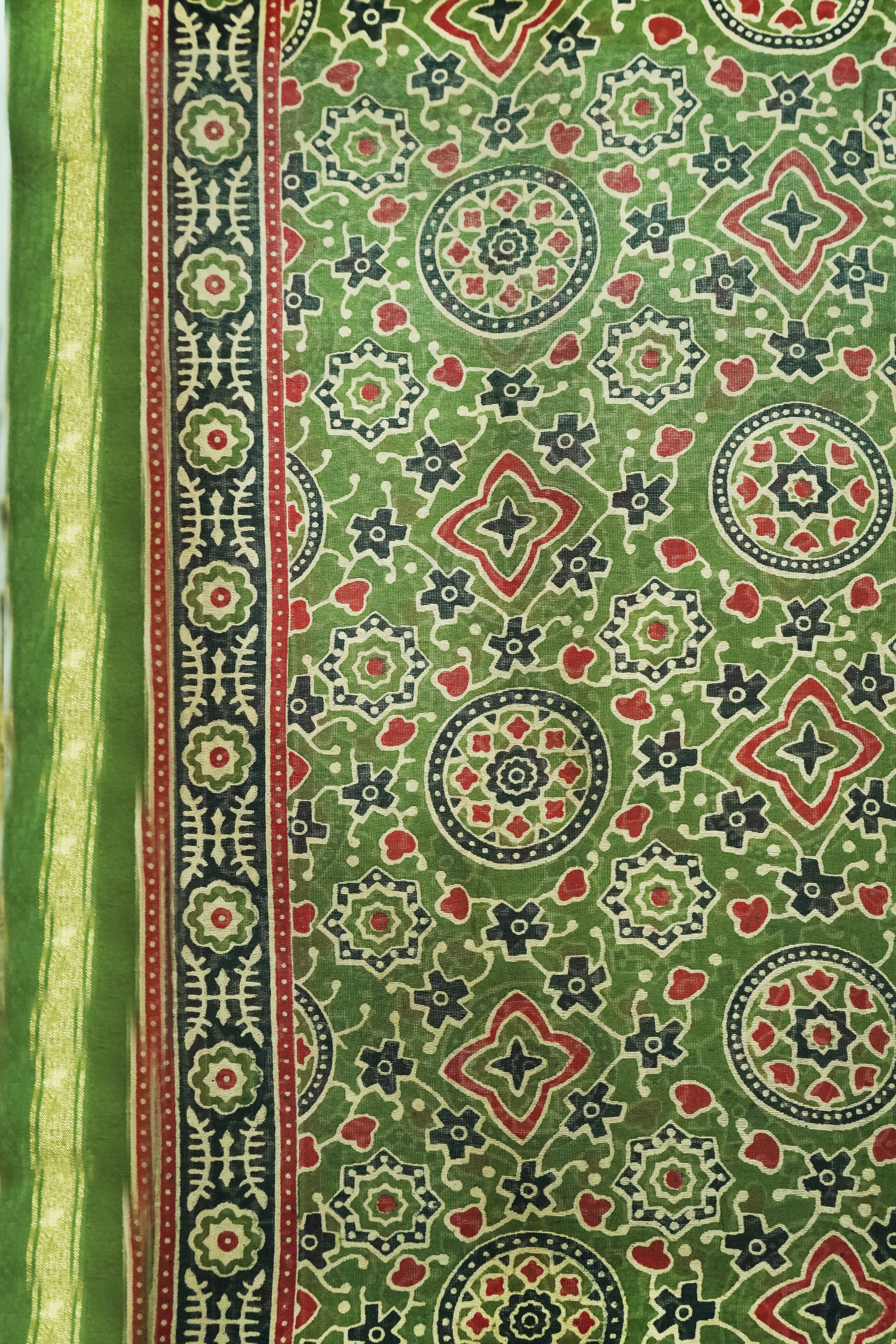 Rust Red & Olive Green Cotton Silk Chanderi Saree with Ajrak Print