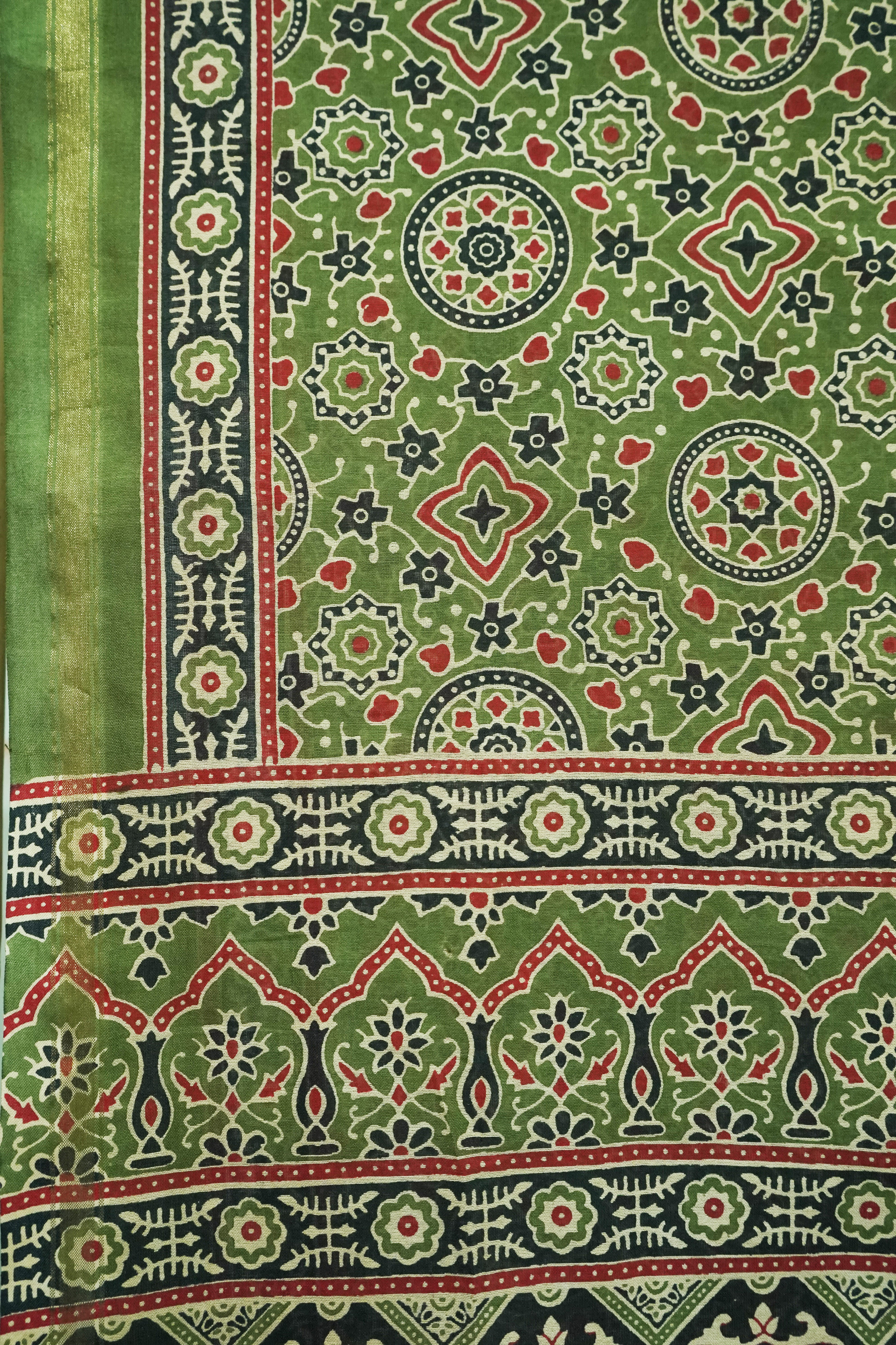 Rust Red & Olive Green Cotton Silk Chanderi Saree with Ajrak Print