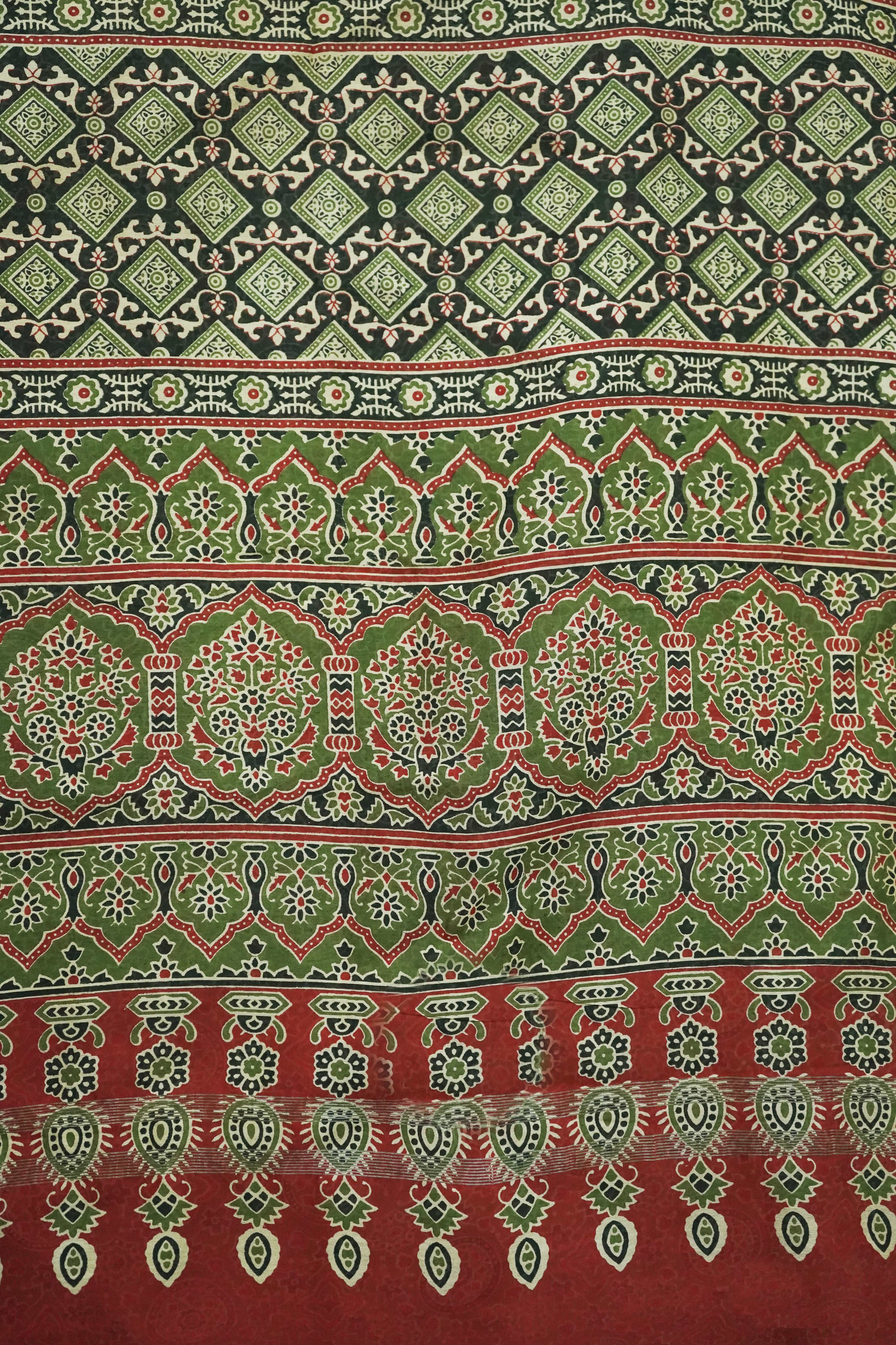 Rust Red & Olive Green Cotton Silk Chanderi Saree with Ajrak Print