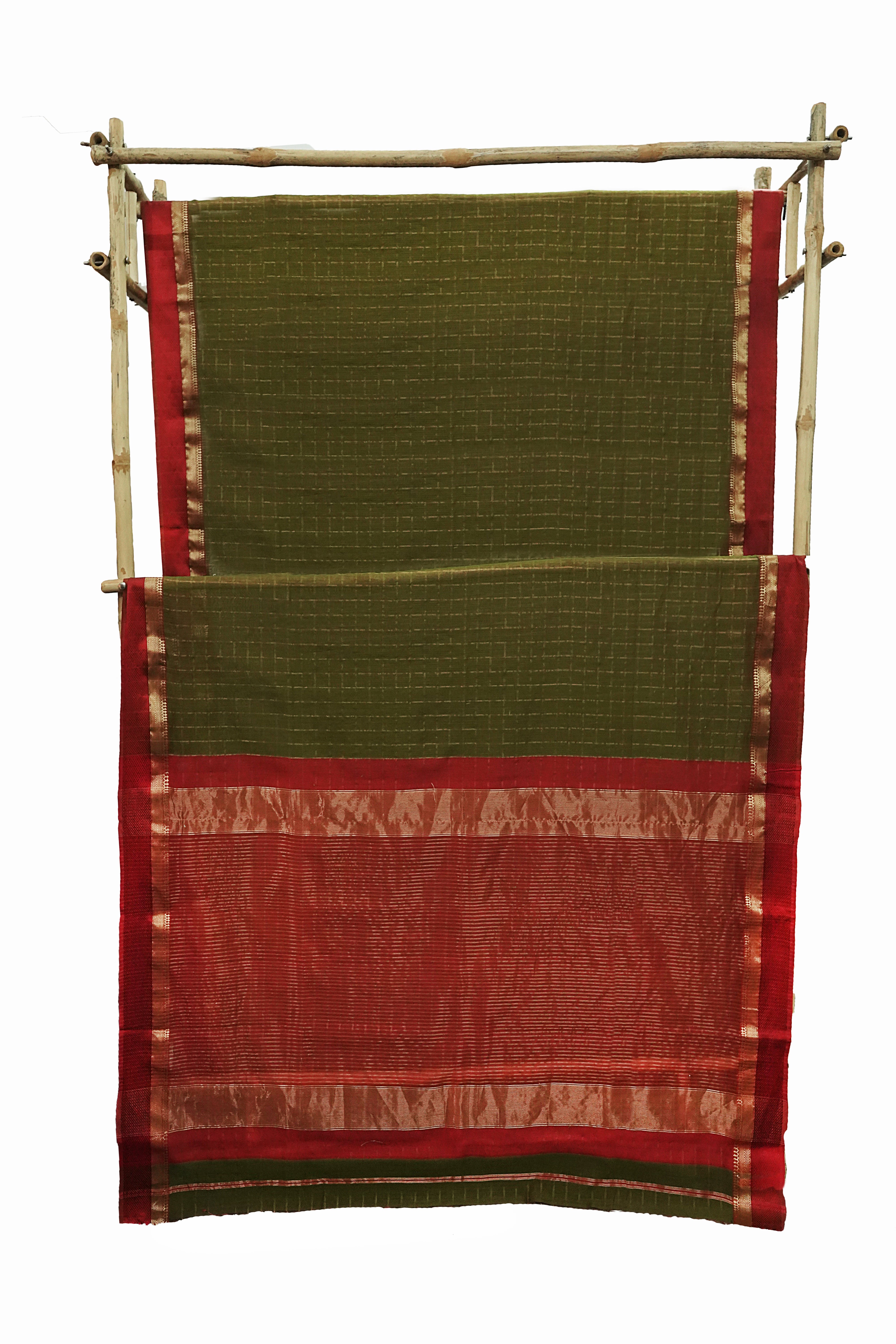 Elegant Dark Olive Green Maheshwari Cotton Silk Check Border Saree