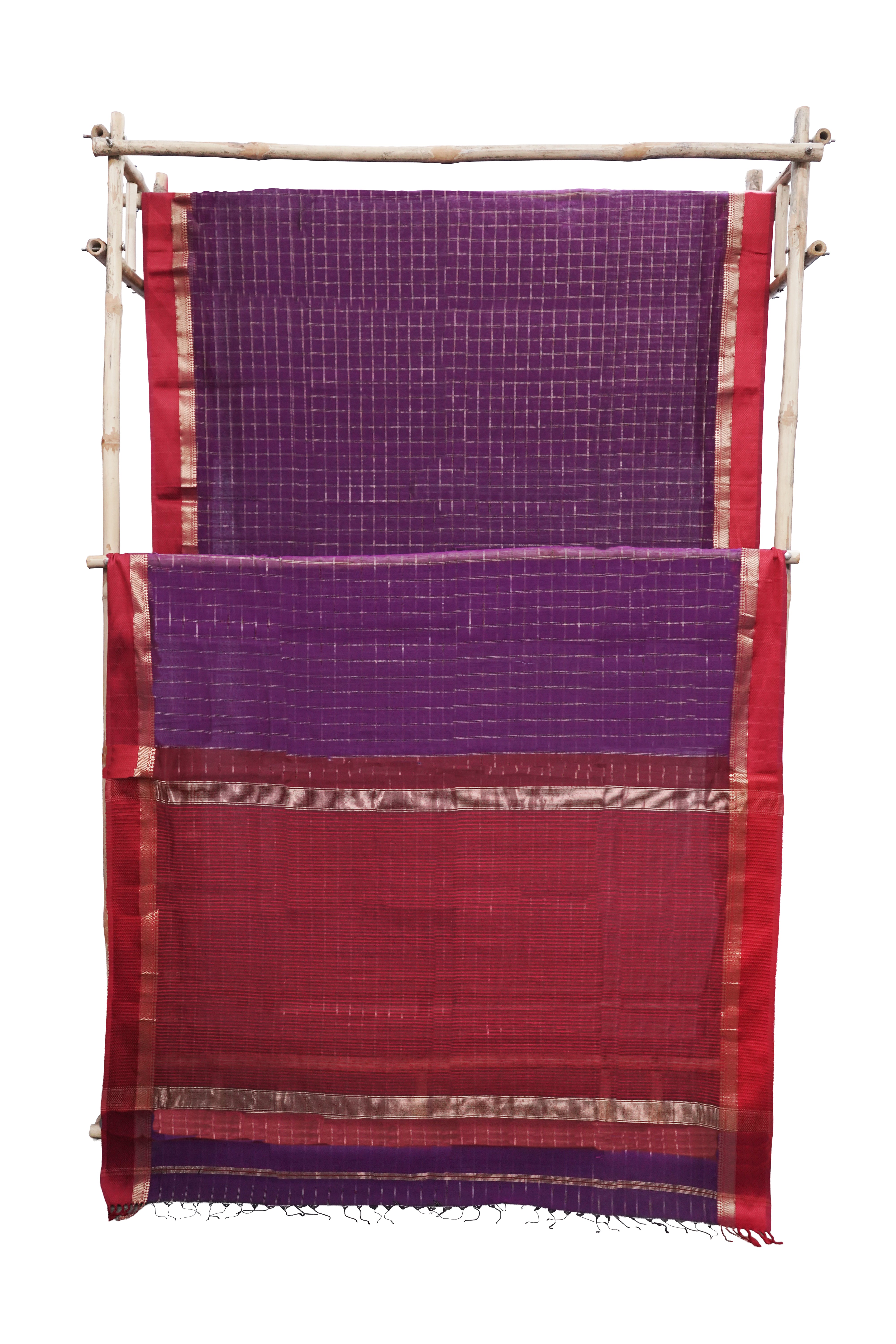 Elegant Purple Maheshwari Cotton Silk Check Border Saree