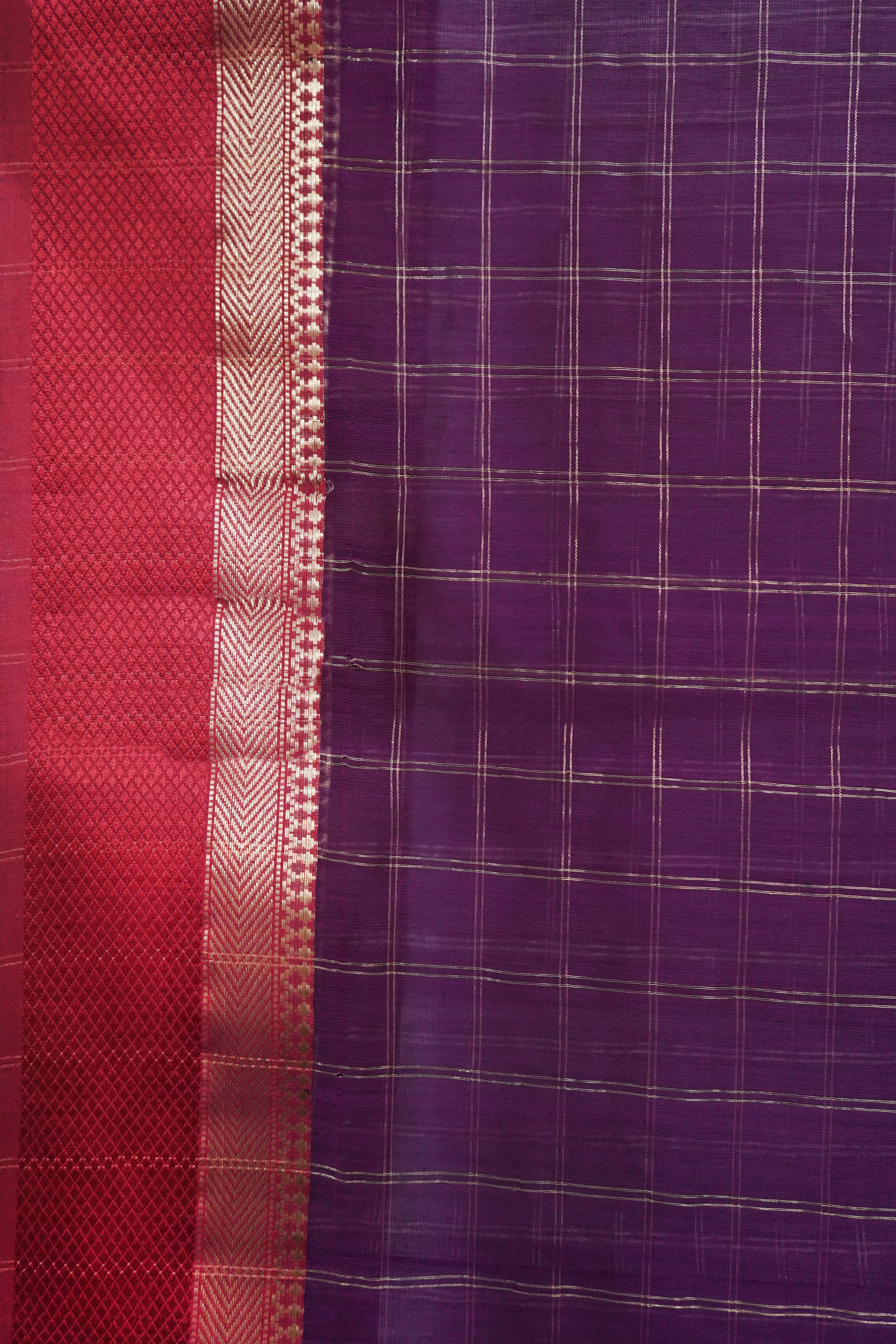 Elegant Purple Maheshwari Cotton Silk Check Border Saree