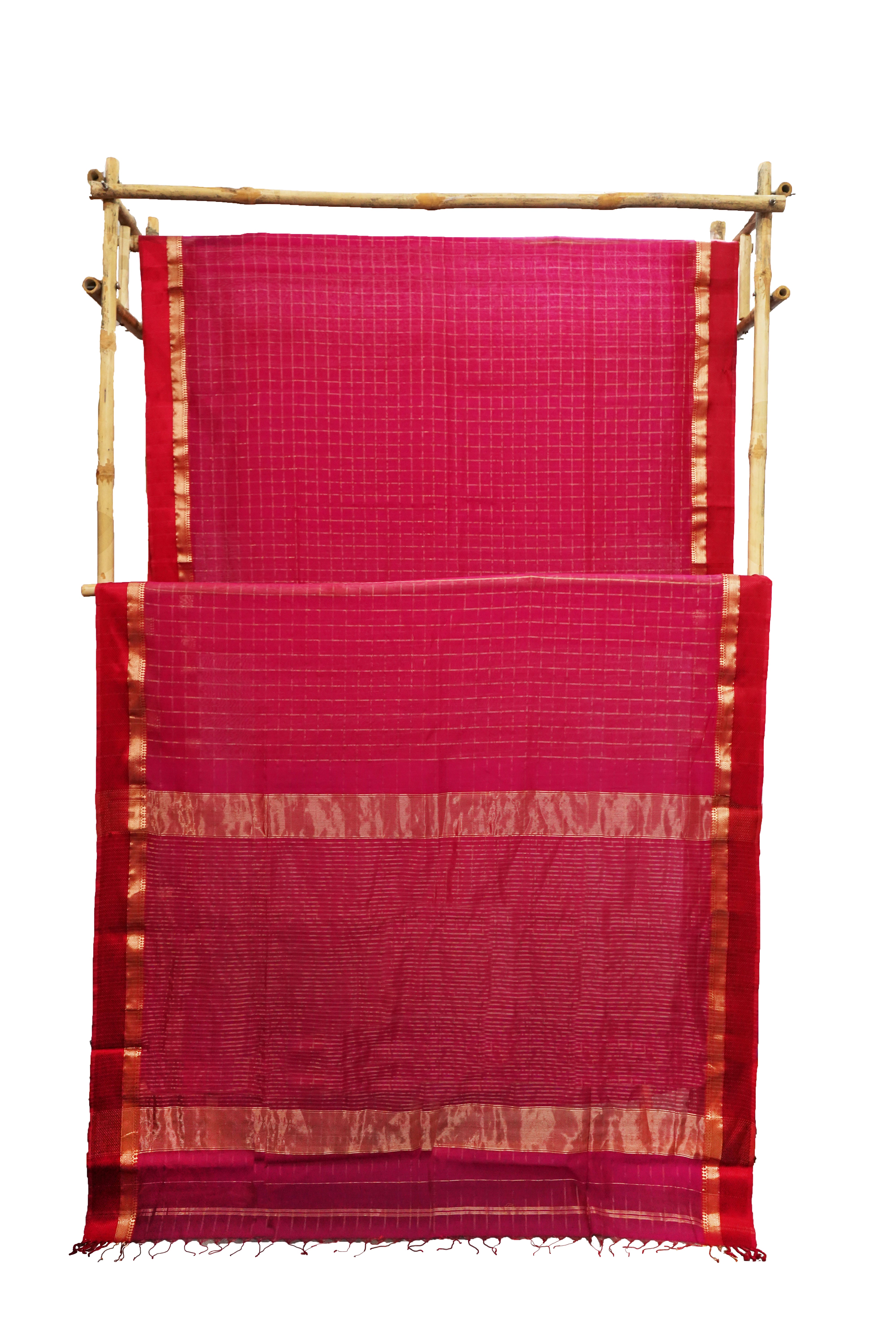 Maheshwari Cotton Silk Rani Pink Silk Check Border Saree