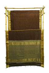 Maheshwari Cotton Silk Chocolate Brown Silk Check Border Sare