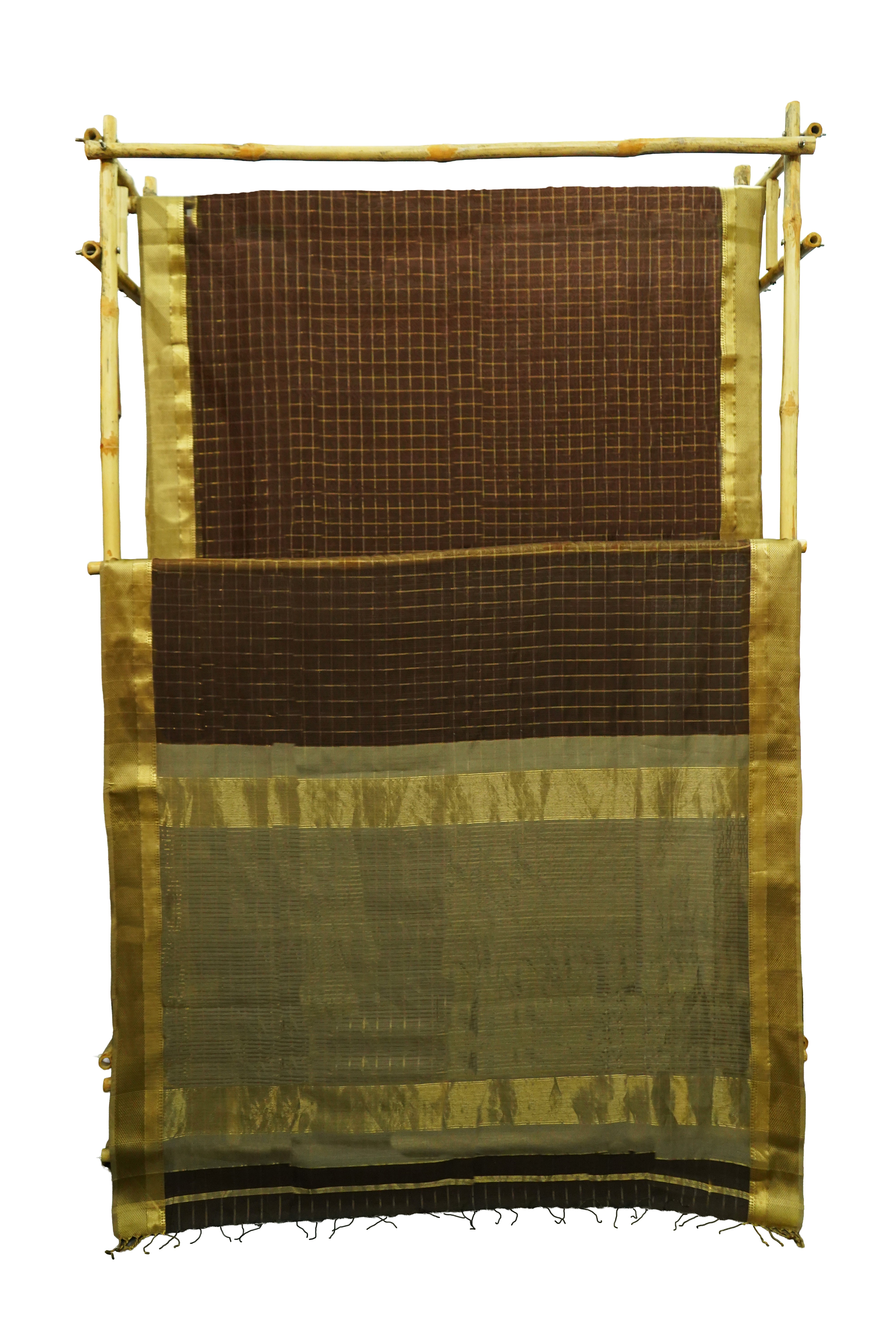 Maheshwari Cotton Silk Chocolate Brown Silk Check Border Sare