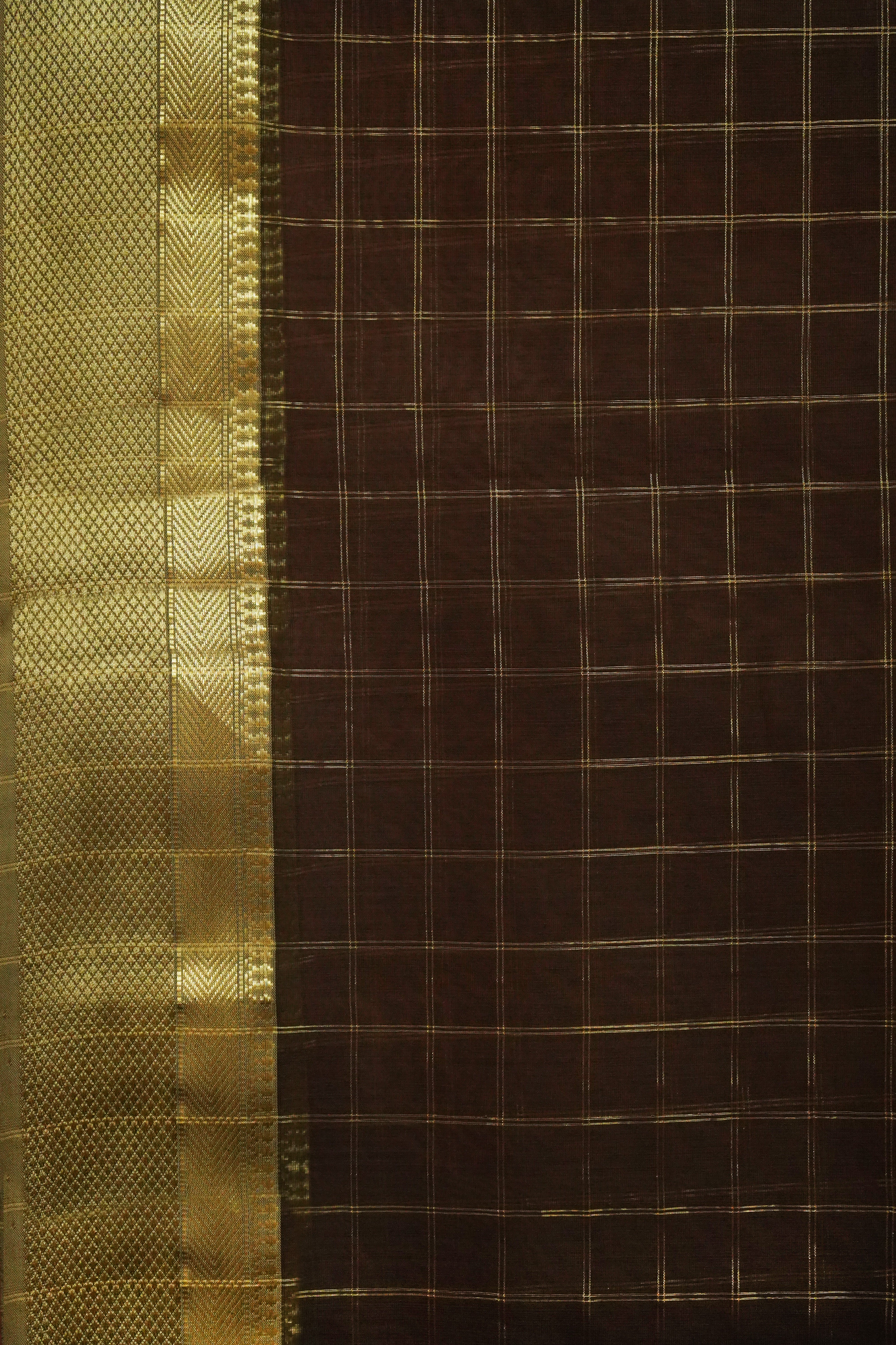 Maheshwari Cotton Silk Chocolate Brown Silk Check Border Sare