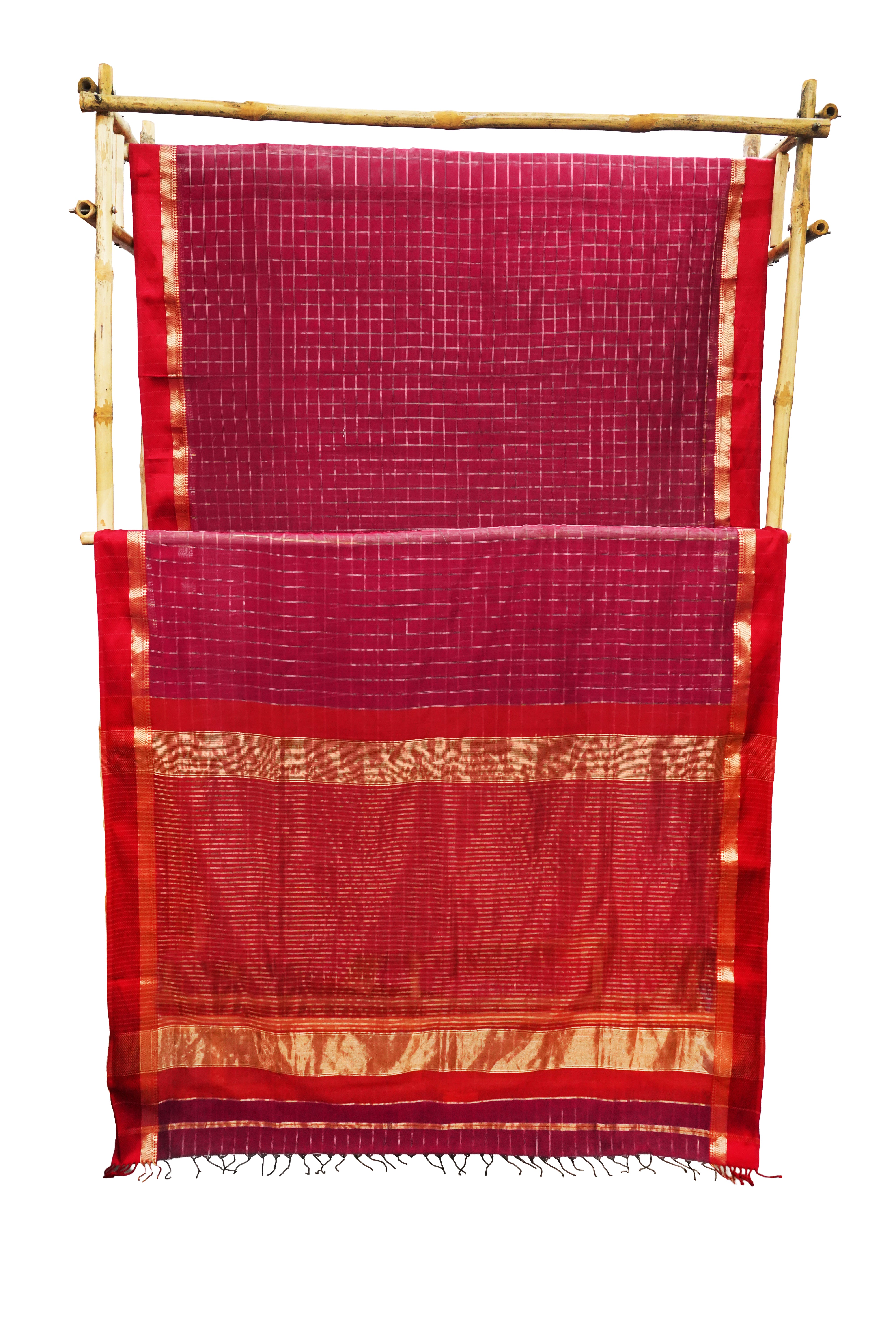 Elegant Rani Pink Maheshwari Cotton Silk Check Border Saree