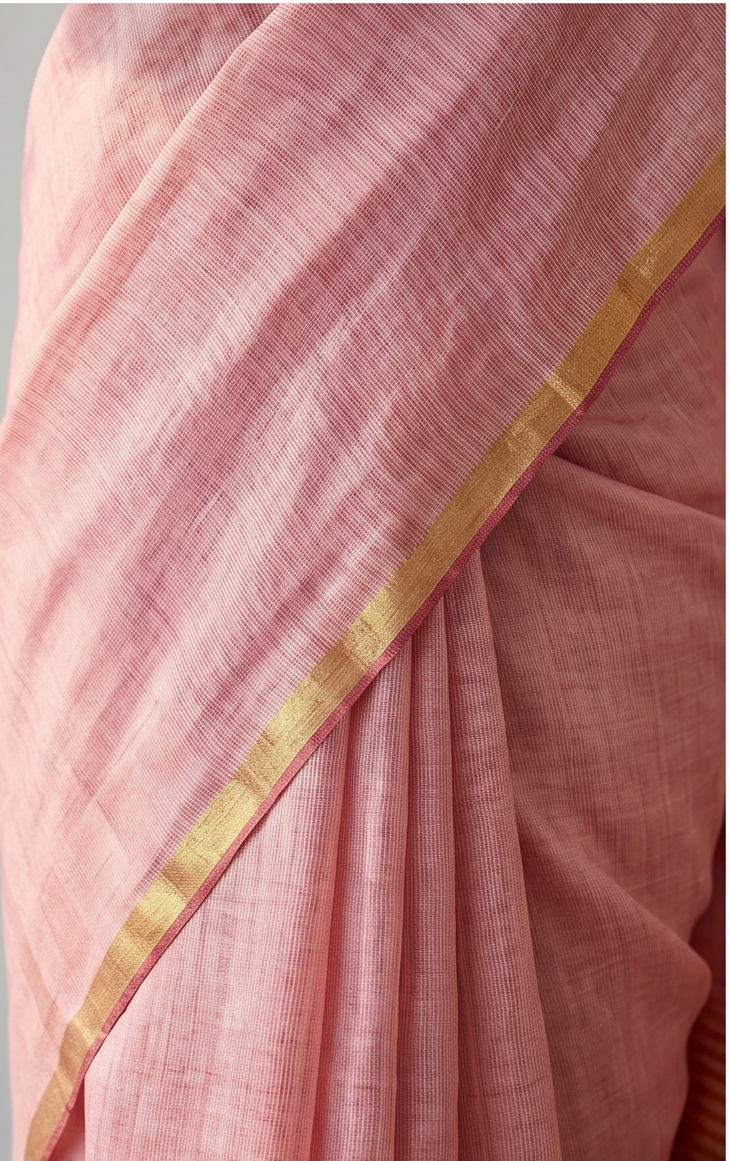 Maheshwari Cotton Silk Full Tissue Saree – Baby Pink with Golden Border