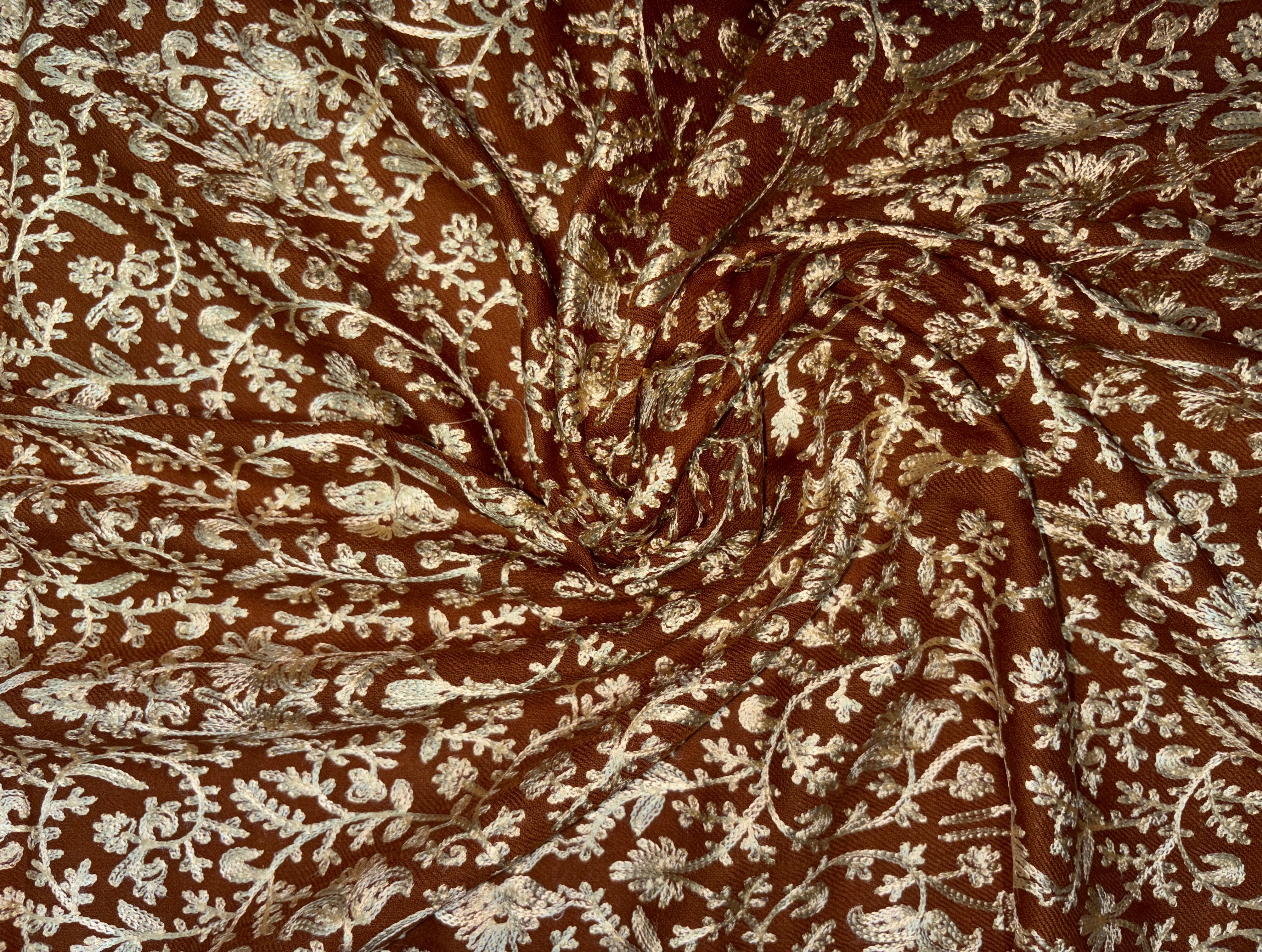 Pashmina Aari Work Wool Shawl – Dark Rust