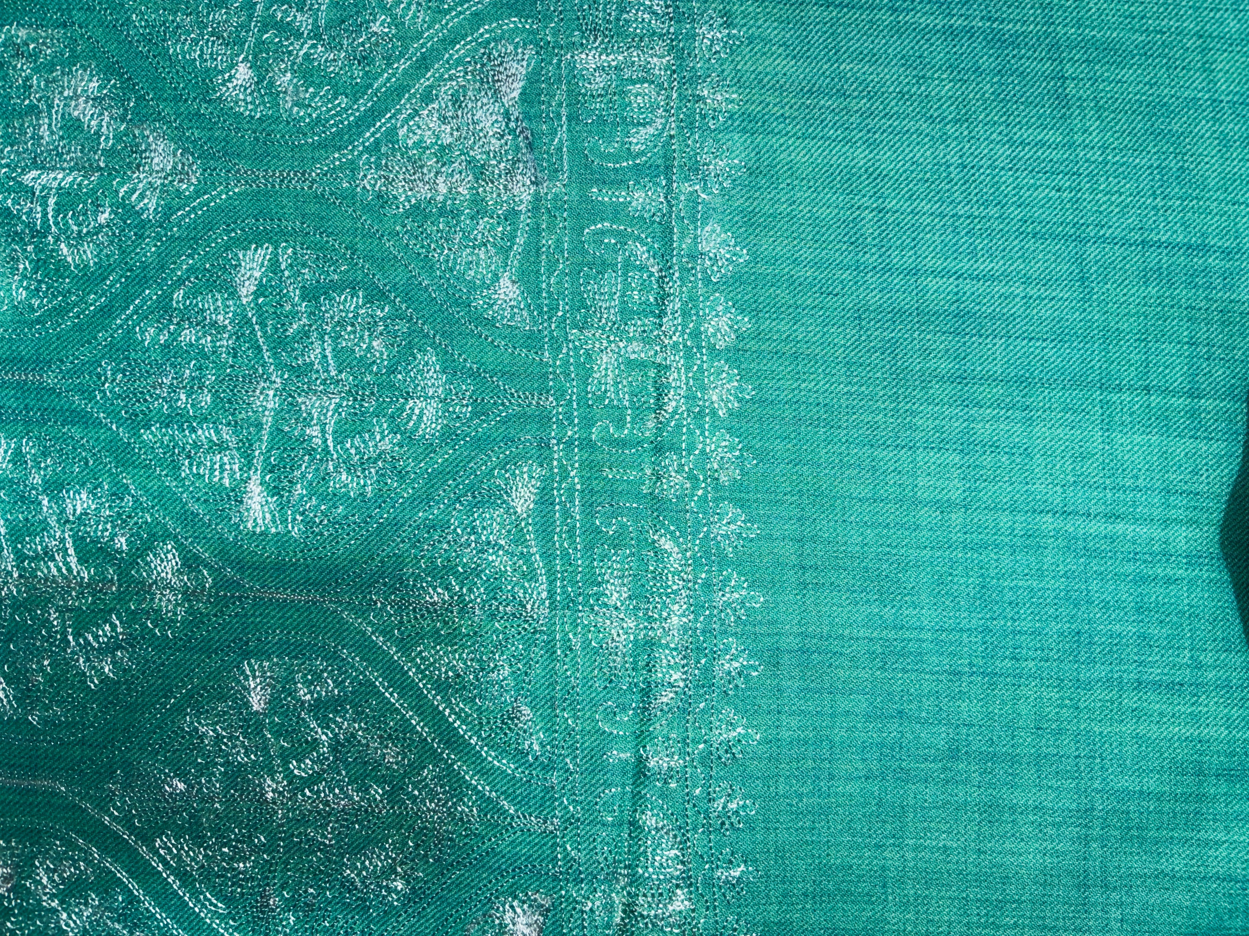 Pashimina Wool Aari work Shawl – Aqua Green