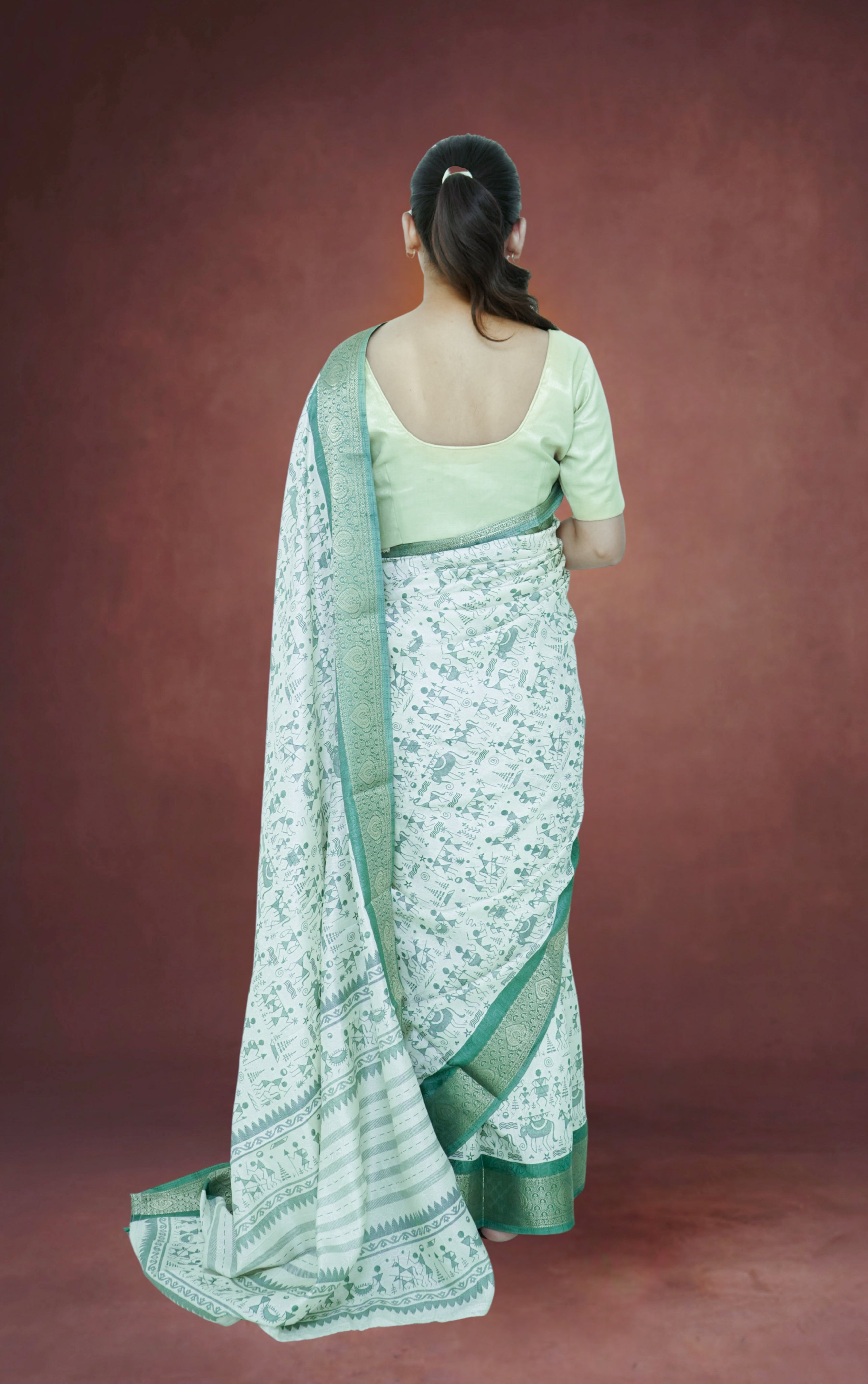 Bamboo Silk Saree – Bheel Print ,Sea Green