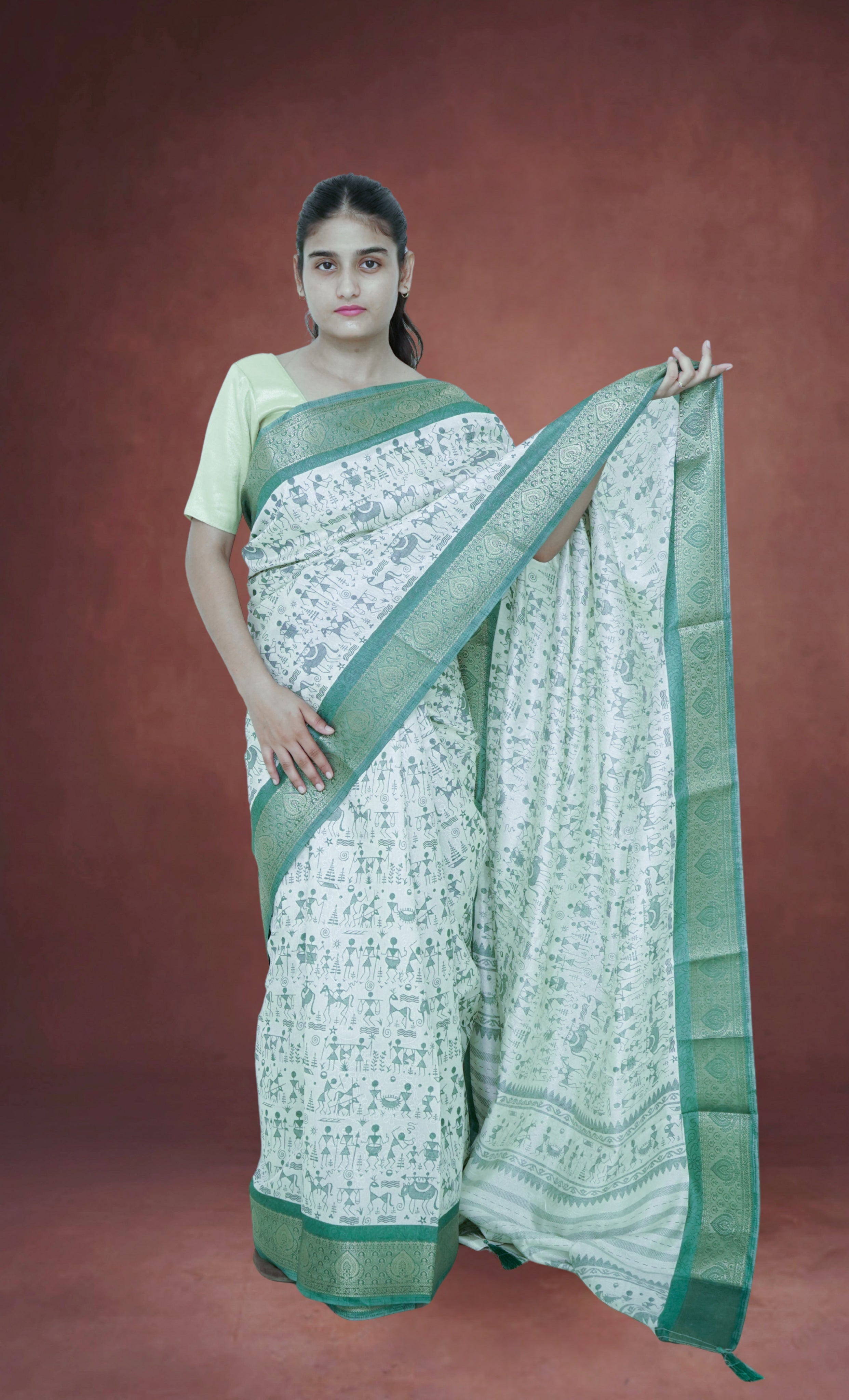 Bamboo Silk Saree – Bheel Print ,Sea Green