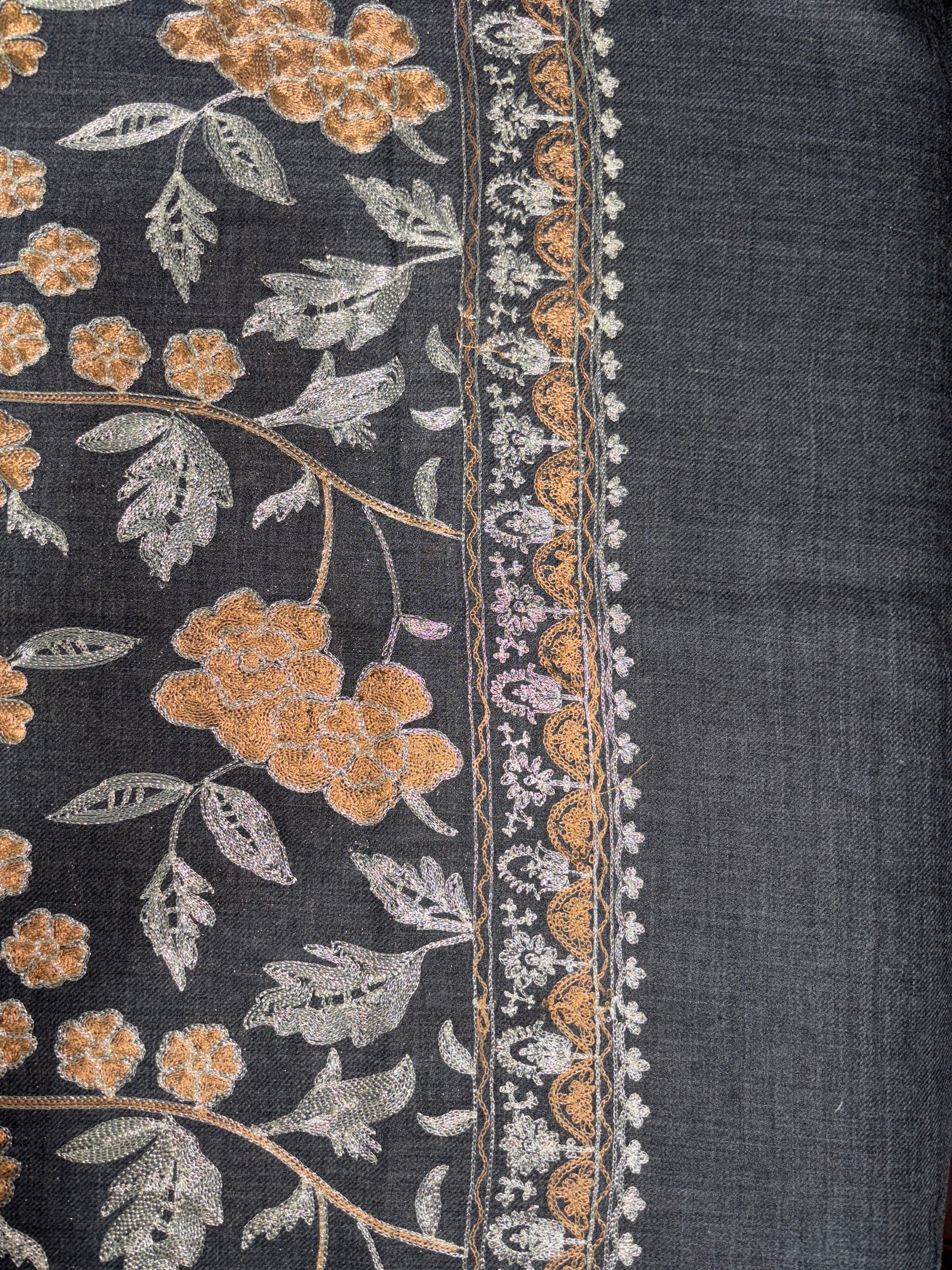 Pashmina Aari Work Silk Cotton Blend Shawl- Dark Grey