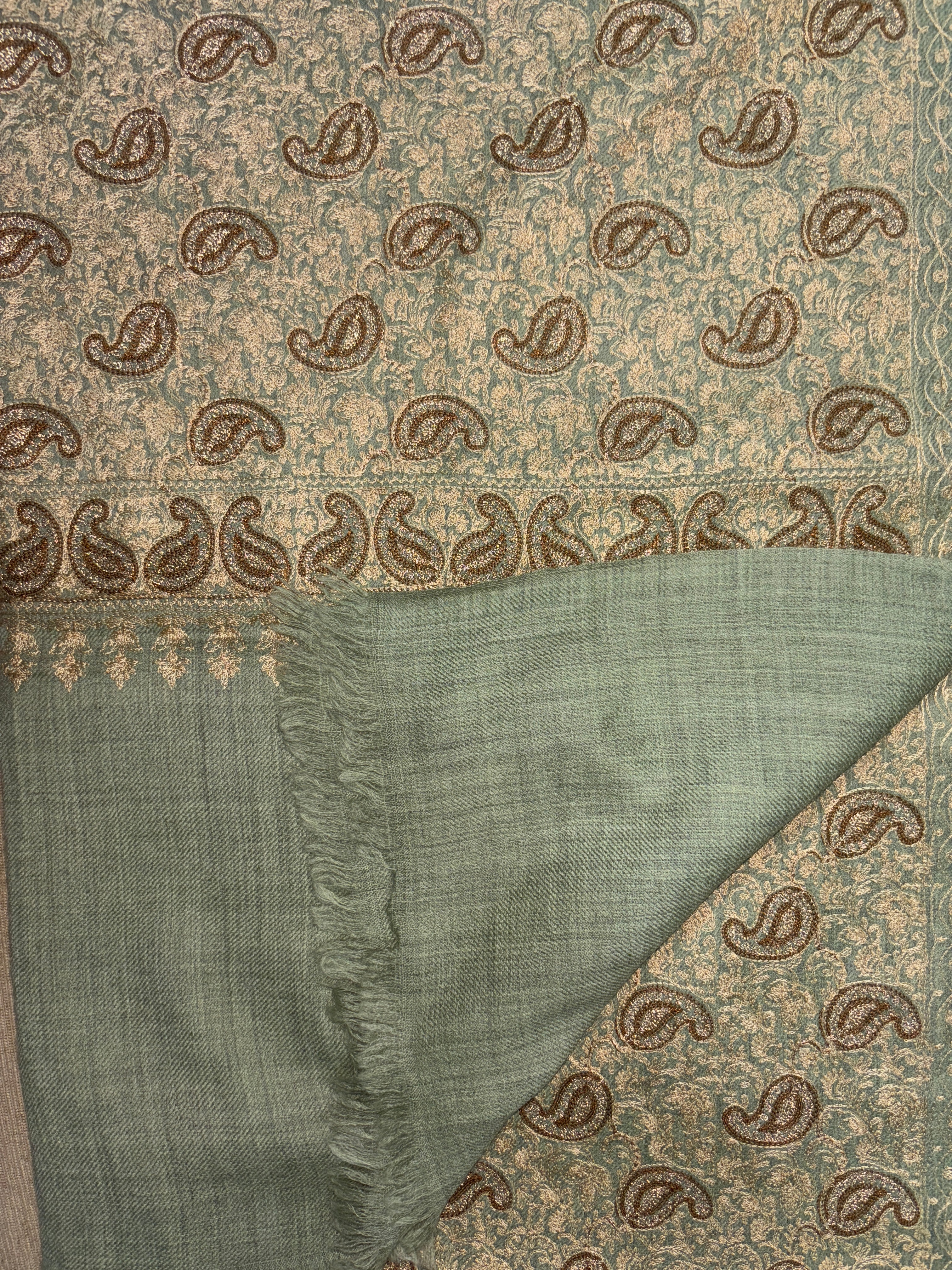 Pashmina Aari Work Gold Shawl – Golden Olive Green
