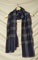 PashminaPure Wool Shawl – Navy Blue with Checks
