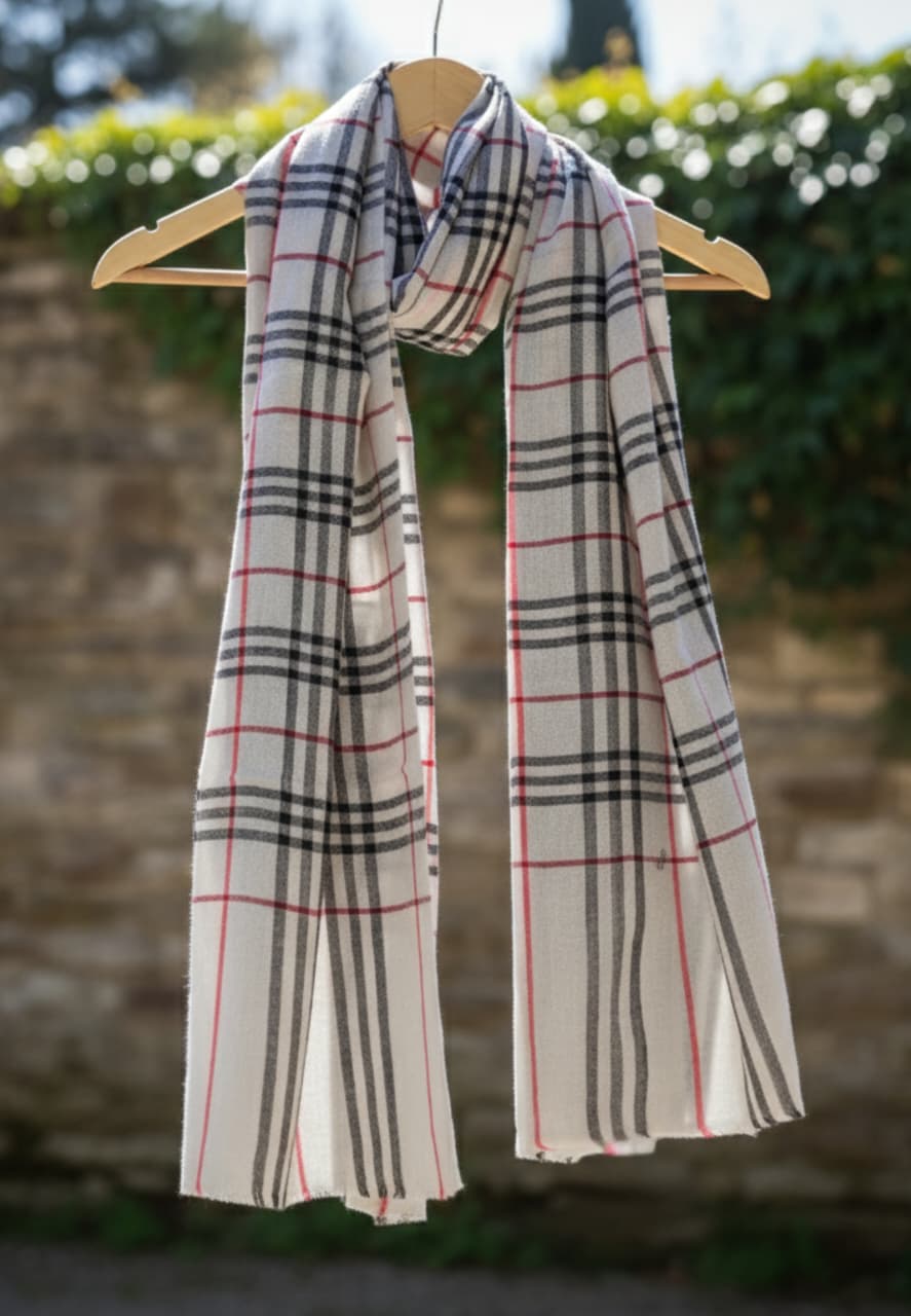 Pashmina Pure Wool Shawl – White with Checks