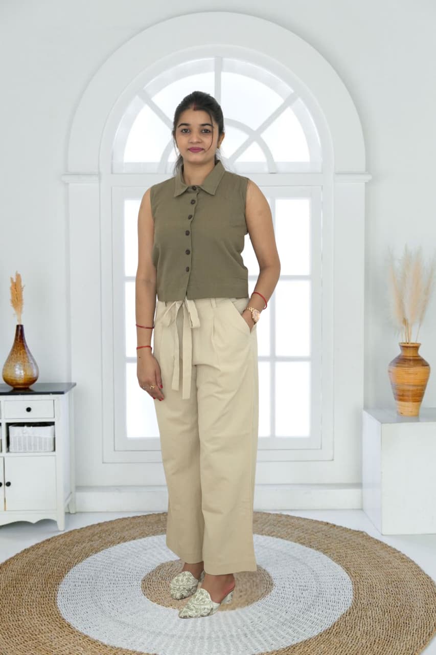 Straight Fit 100% Cotton khadi Single Pleates With Knote