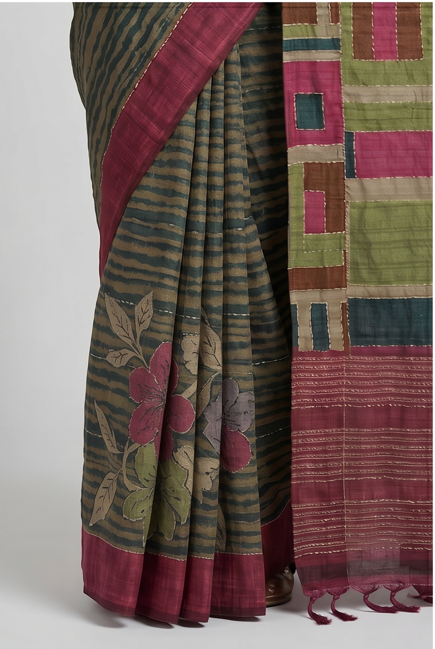 Pure Kosa Silk Saree with Hand Kantha Work