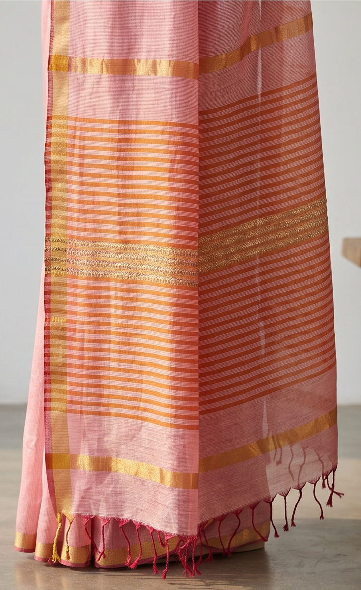 Maheshwari Cotton Silk Full Tissue Saree – Baby Pink with Golden Border