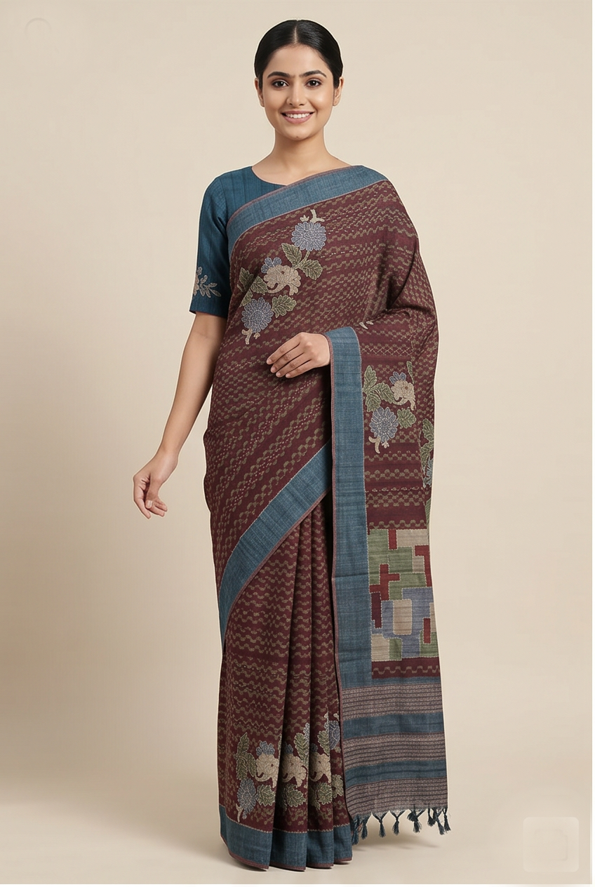 Pure Kosa Silk Saree with Hand Kantha Work