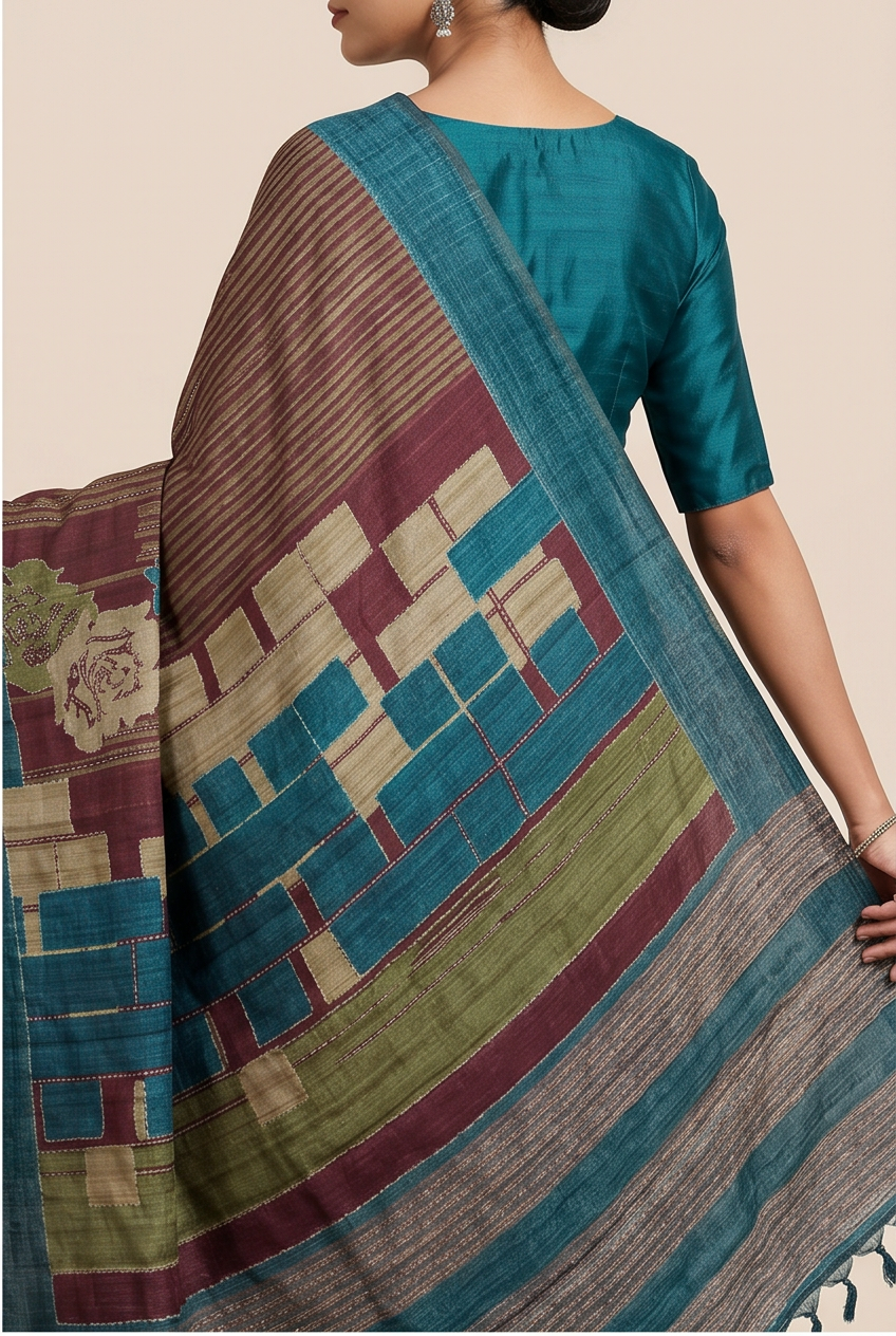Pure Kosa Silk Saree with Hand Kantha Work