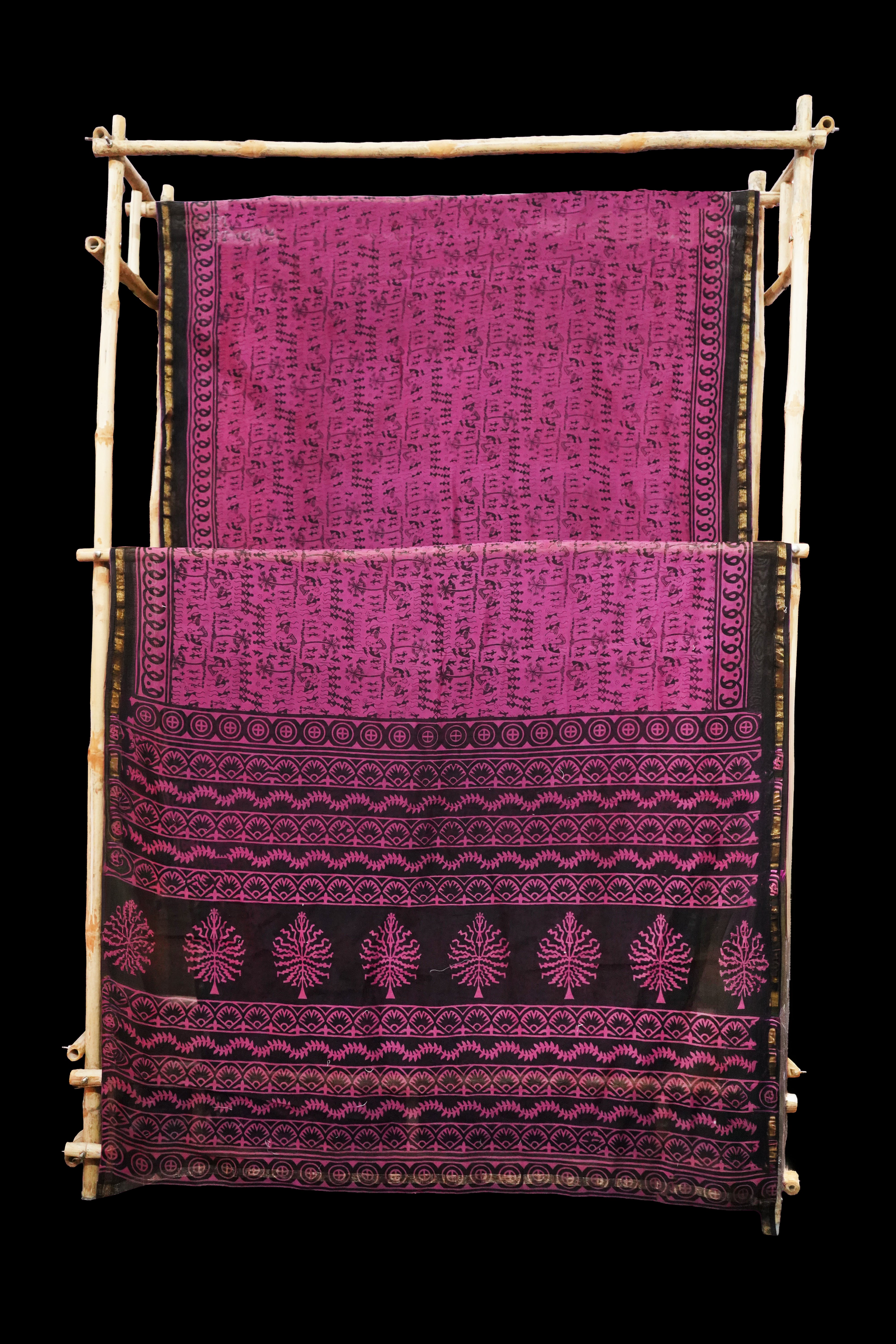 Elegant Rani Pink & Black Tribal Print Chanderi Cotton Silk Saree with Blouse Piece