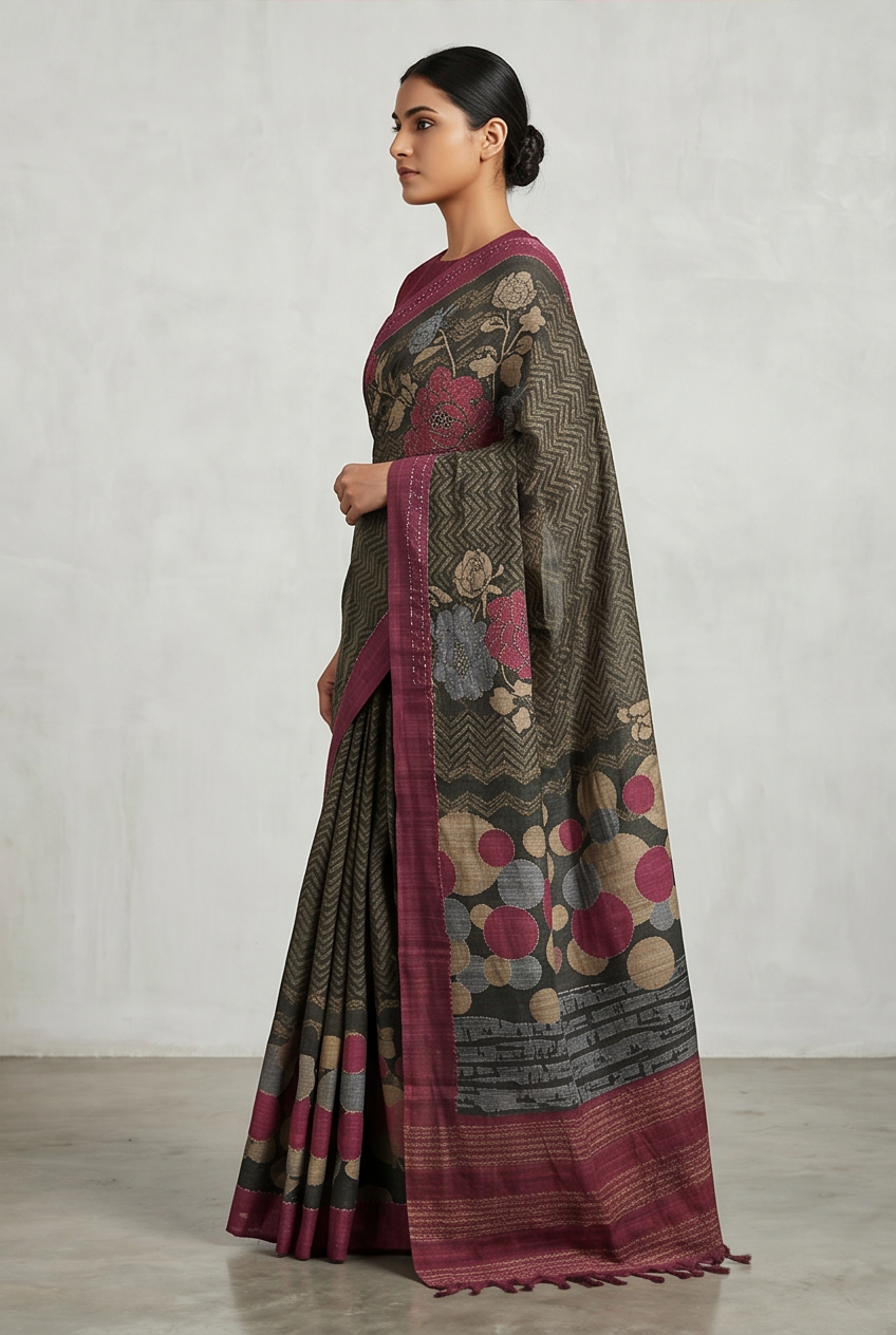 Pure Kosa Silk Saree with Hand Kantha Work