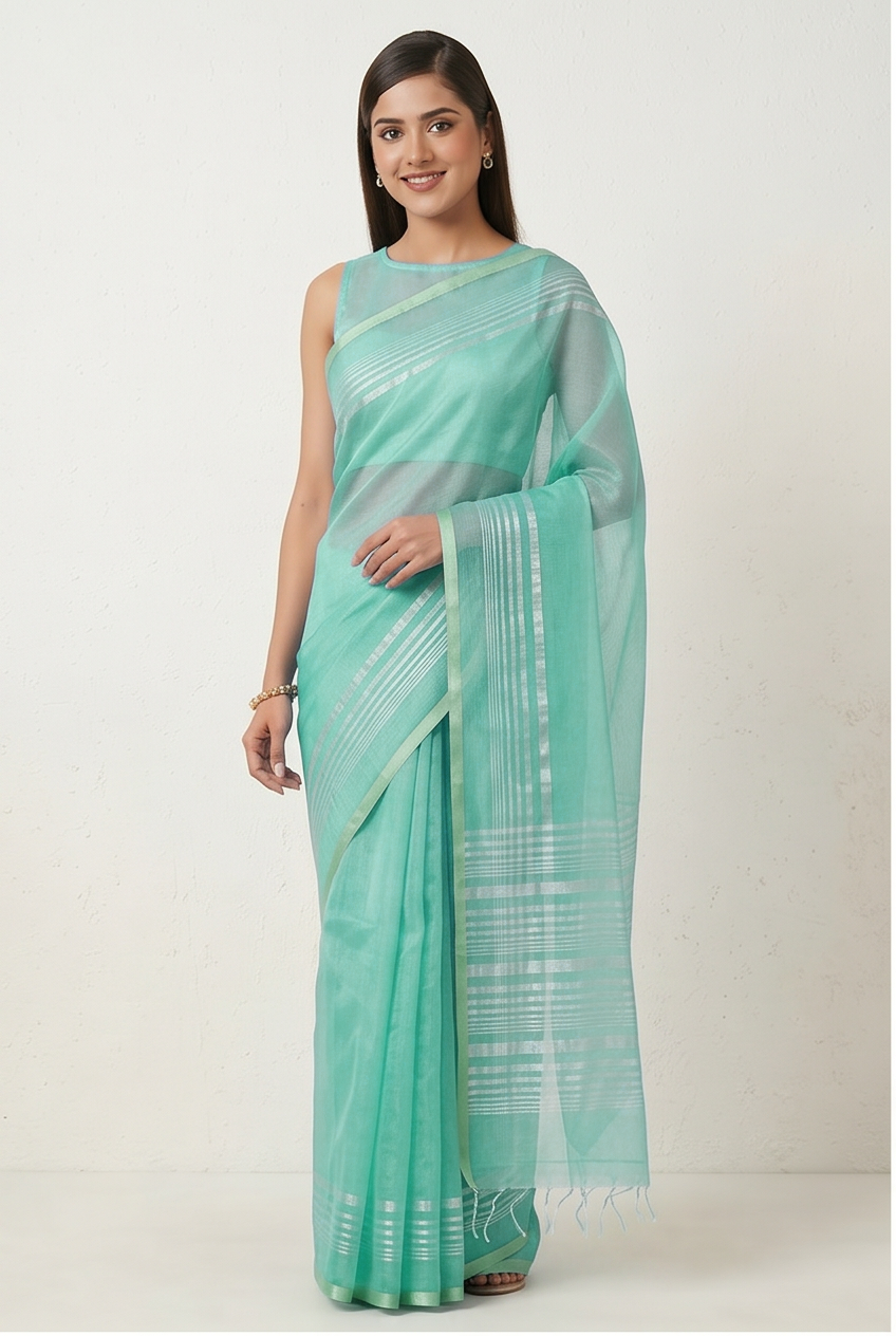 Maheshwari Cotton Silk Silver Tissue Saree