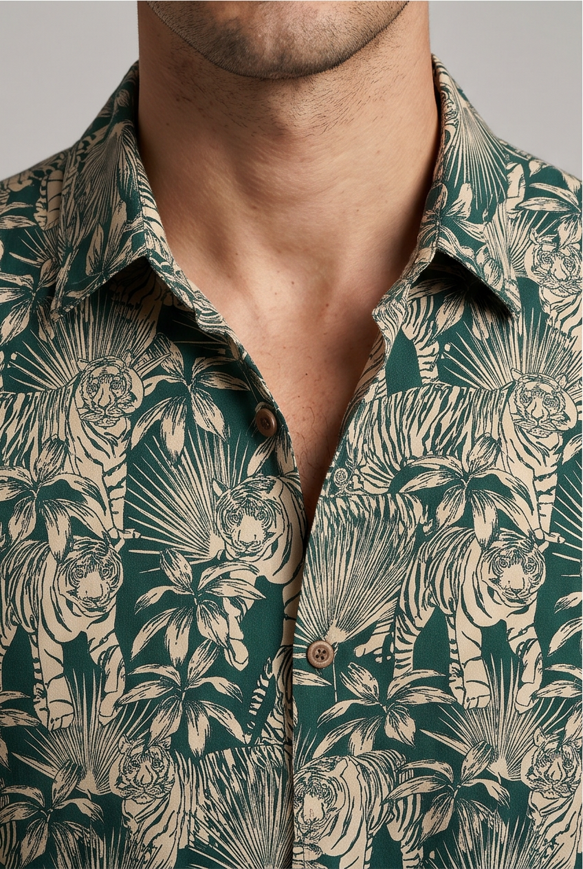 Men's Tropical Tiger Print Cotton Blend Half Sleeve Shirt
