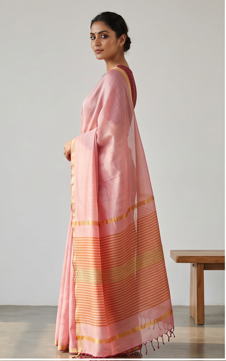 Maheshwari Cotton Silk Full Tissue Saree – Baby Pink with Golden Border