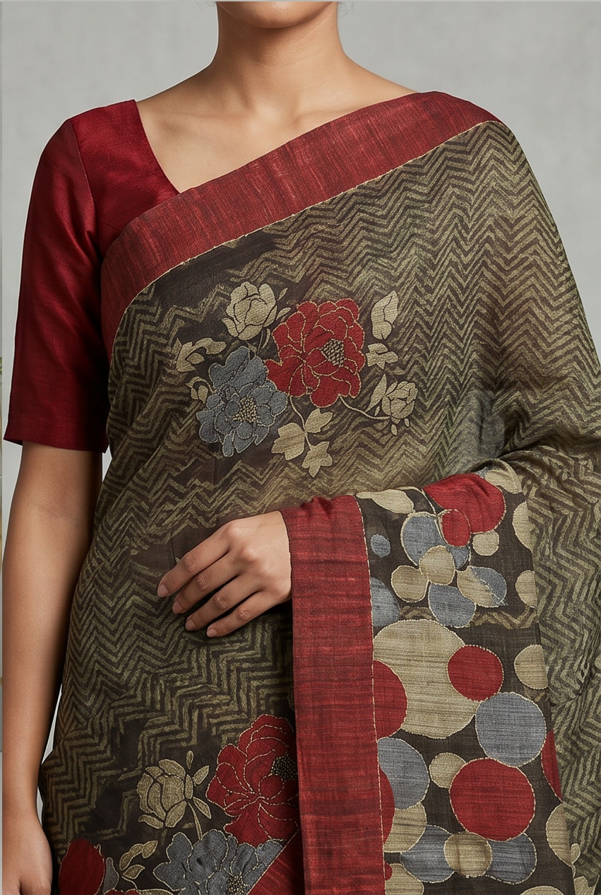 Pure Kosa Silk Saree with Hand Kantha Work