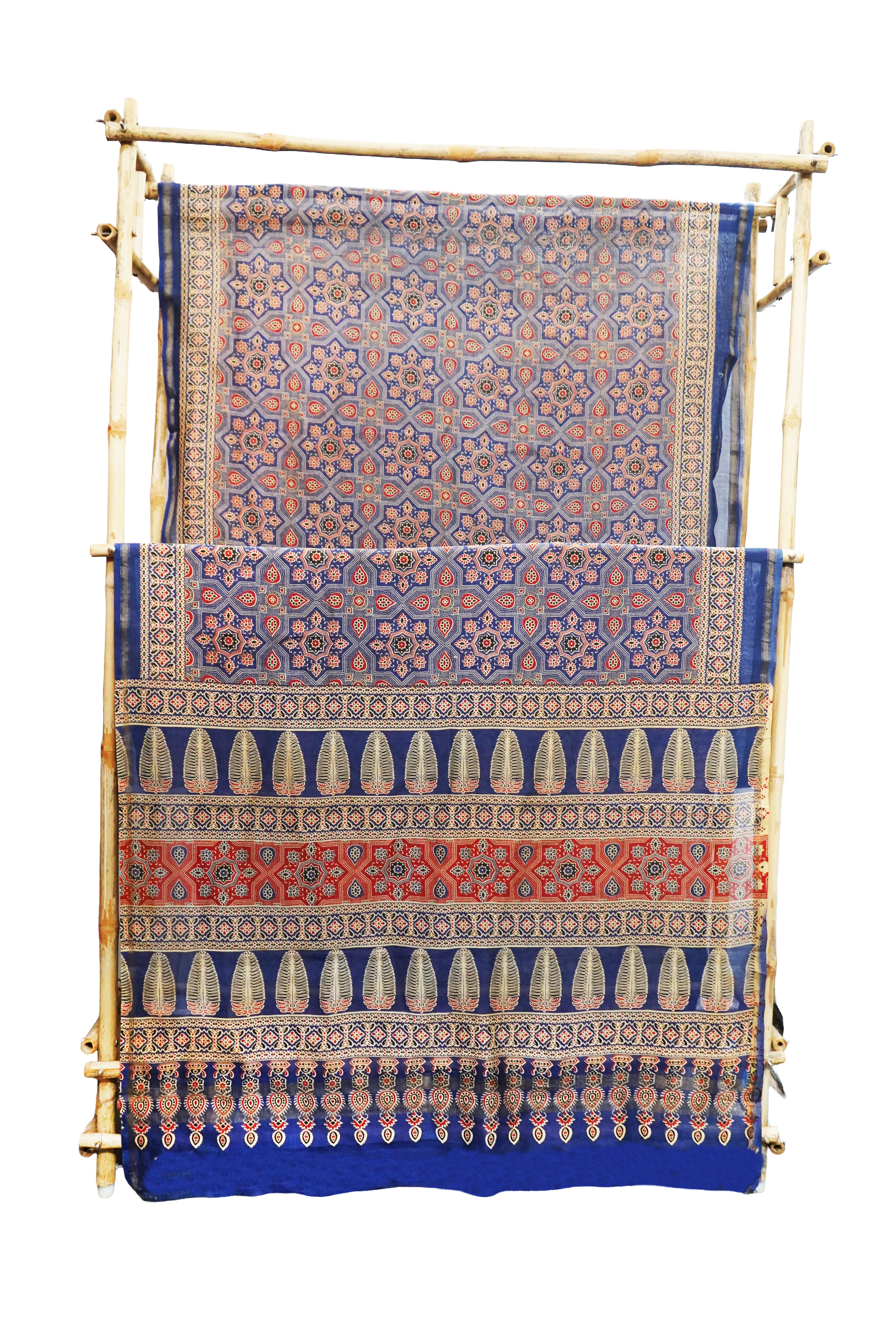 Regal Indigo Blue & Rust Chanderi Cotton Silk Saree Heritage Ajrak Print Design Saree with Blouse Piece
