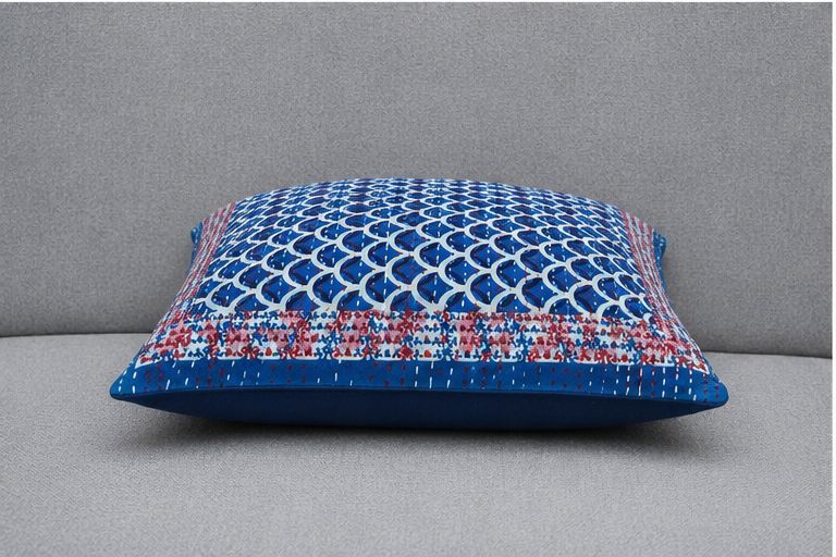 Blue Geometric Hand Block Print Cushion Cover