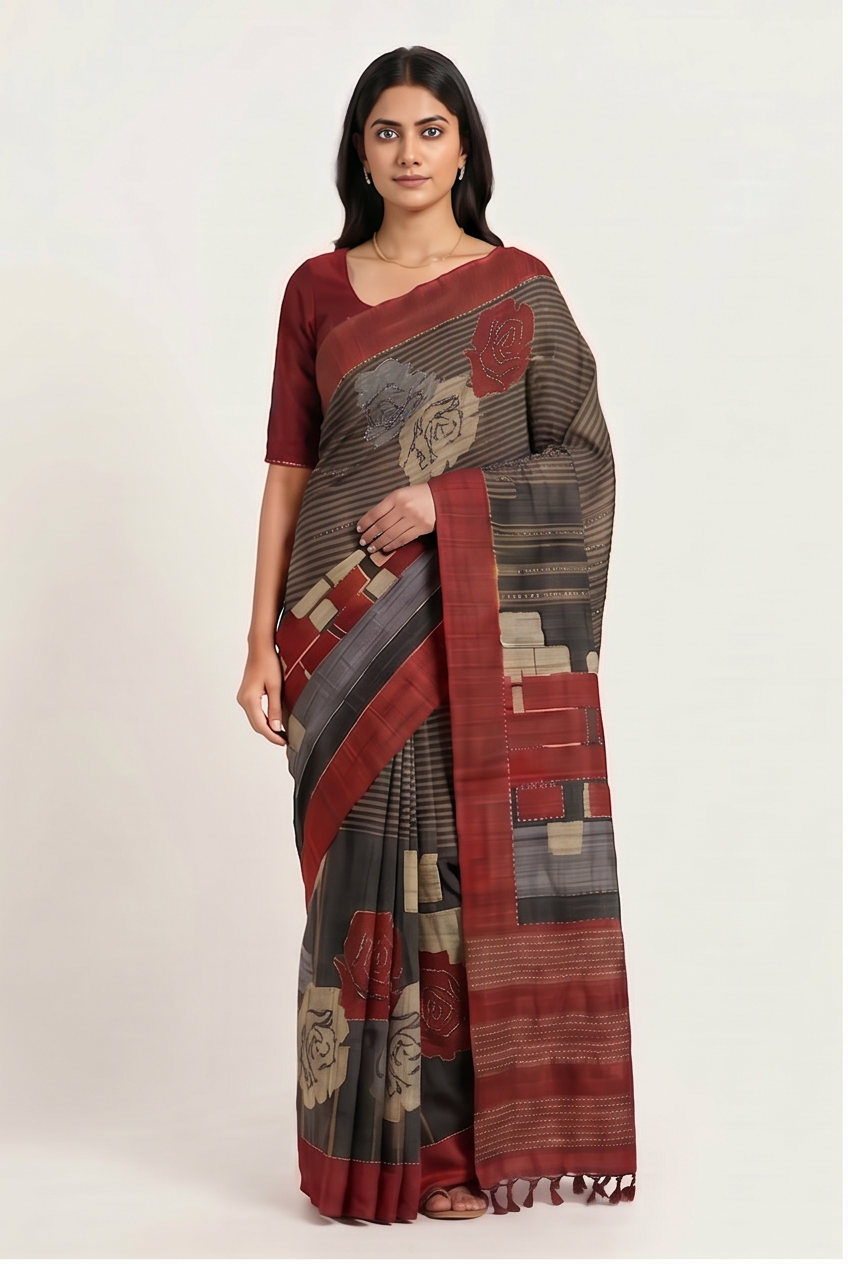 Pure Kosa Silk Saree with Hand Kantha Work