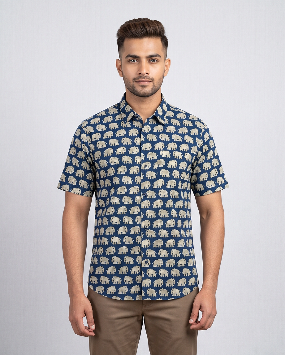 Pure Cotton Elephant Print Half Sleeve Shirt