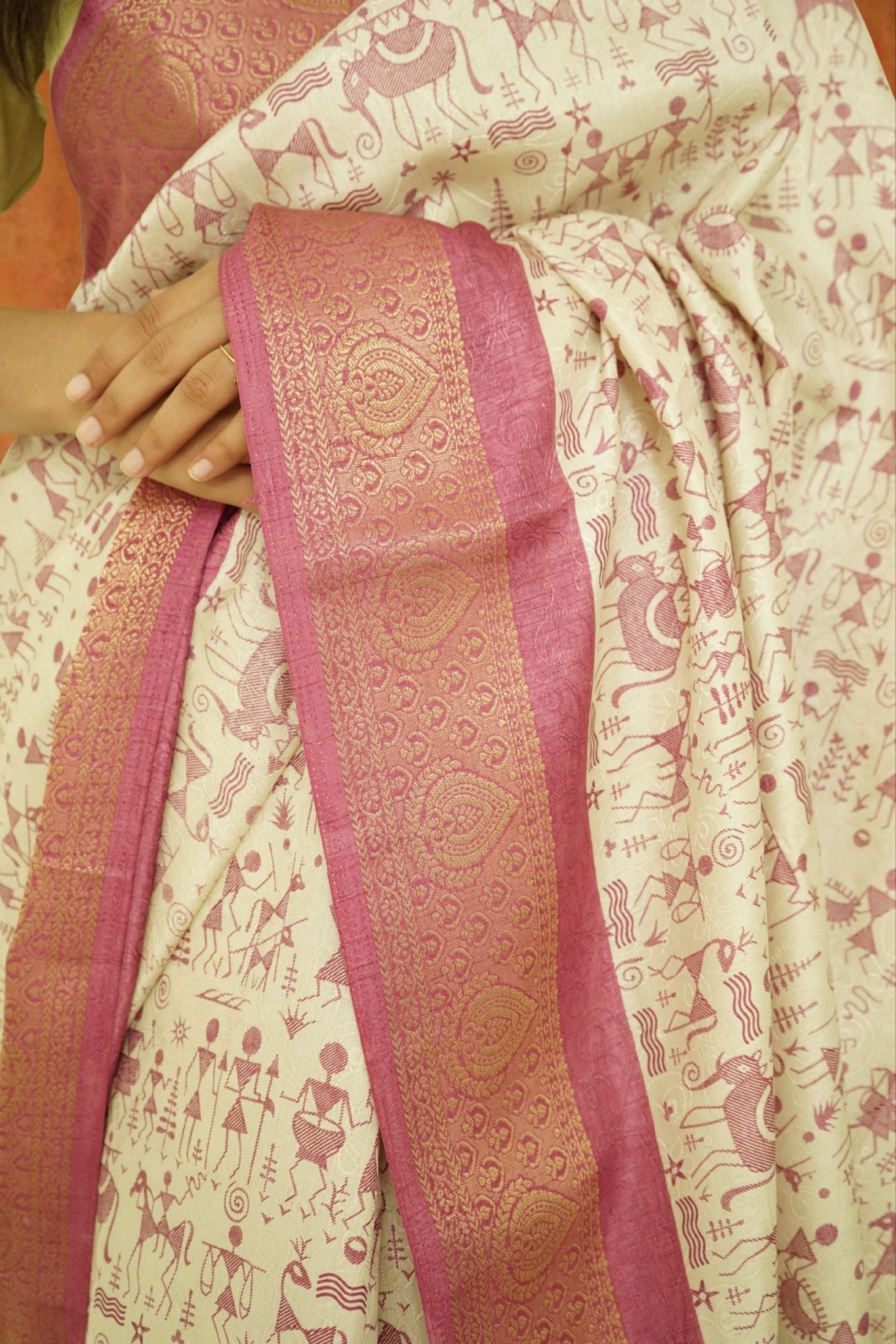 Bamboo Silk Saree – Bheel Print , Rose White