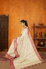 Bamboo Silk Saree – Bheel Print , Rose White