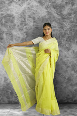 Maheshwari Meena Buti SilkCotton Saree -Lime Yellow | Glossy Ethnic Weave