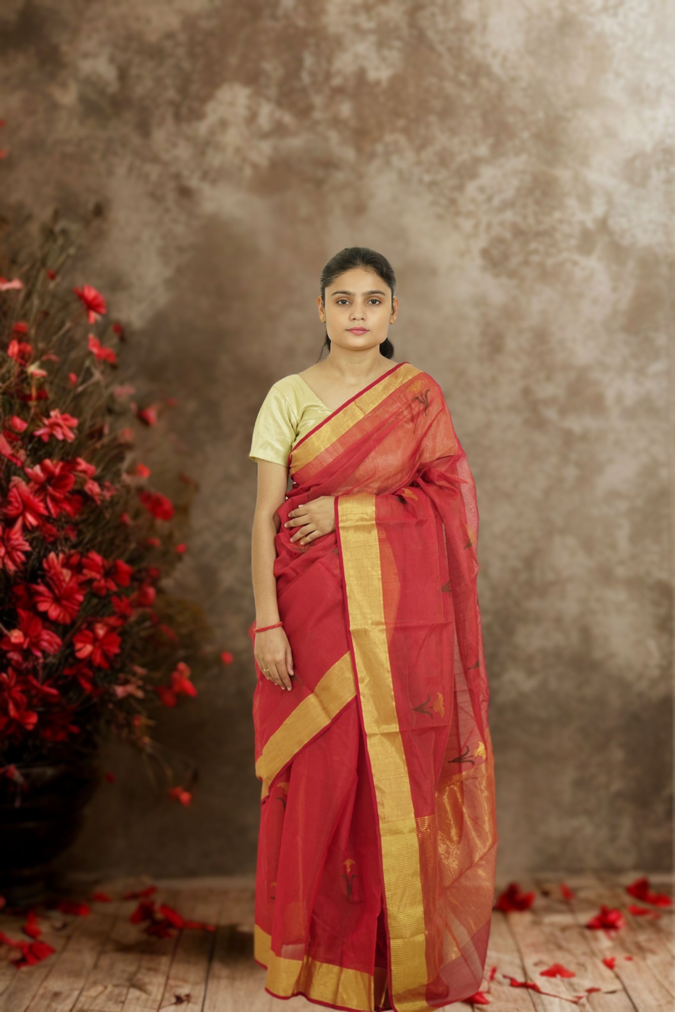 Chanderi Silk Cotton Saree – Red | Glossy Ethnic Weave