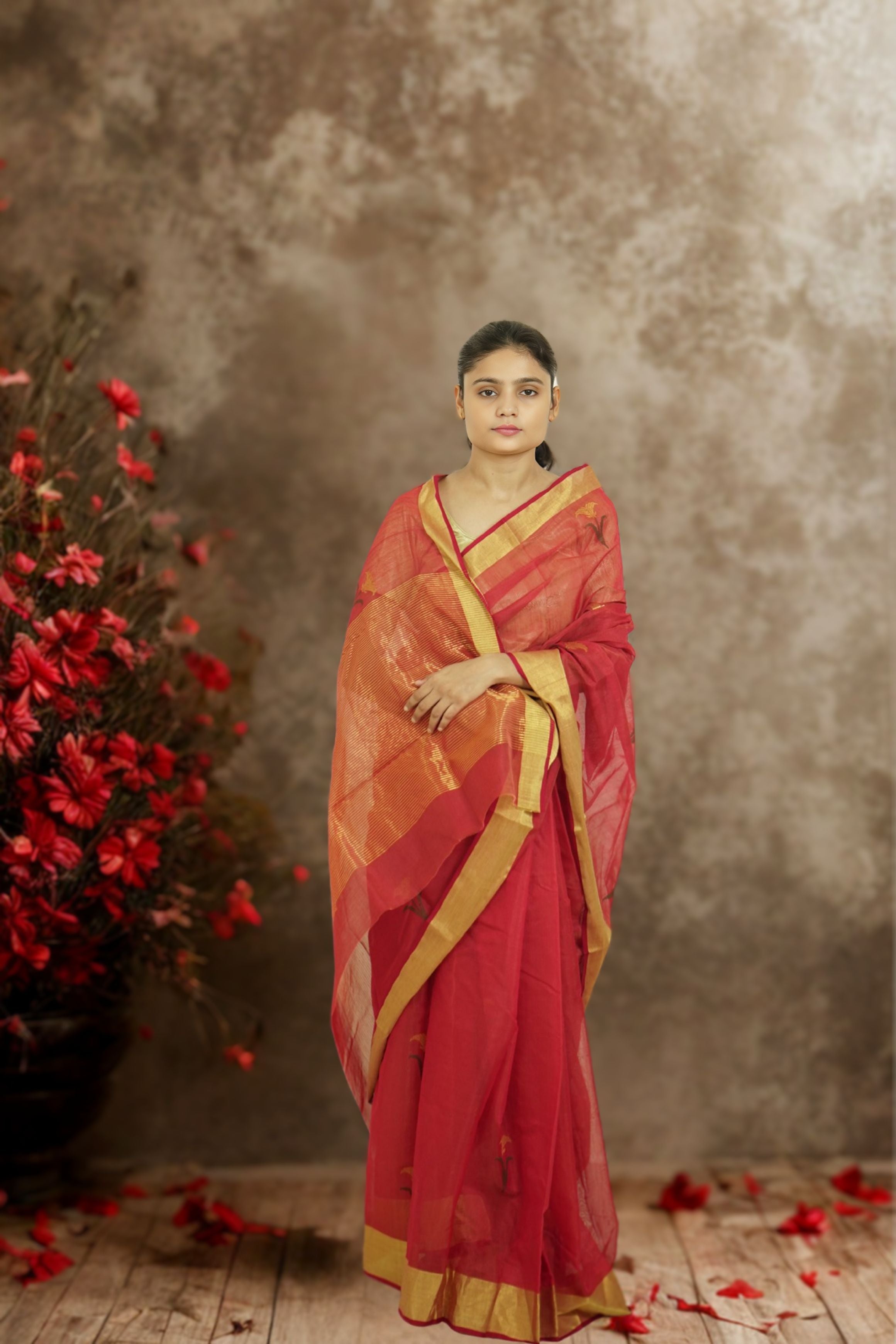 Chanderi Silk Cotton Saree – Red | Glossy Ethnic Weave