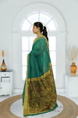 Cotton Silk Madhubani Pallu Saree- Teal Green