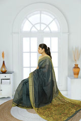 Madhubani Pallu Cotton Silk Saree – Greenish Grey