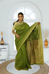 Madhubani Pallu Cotton Silk Cotton Silk Saree- Moss Green