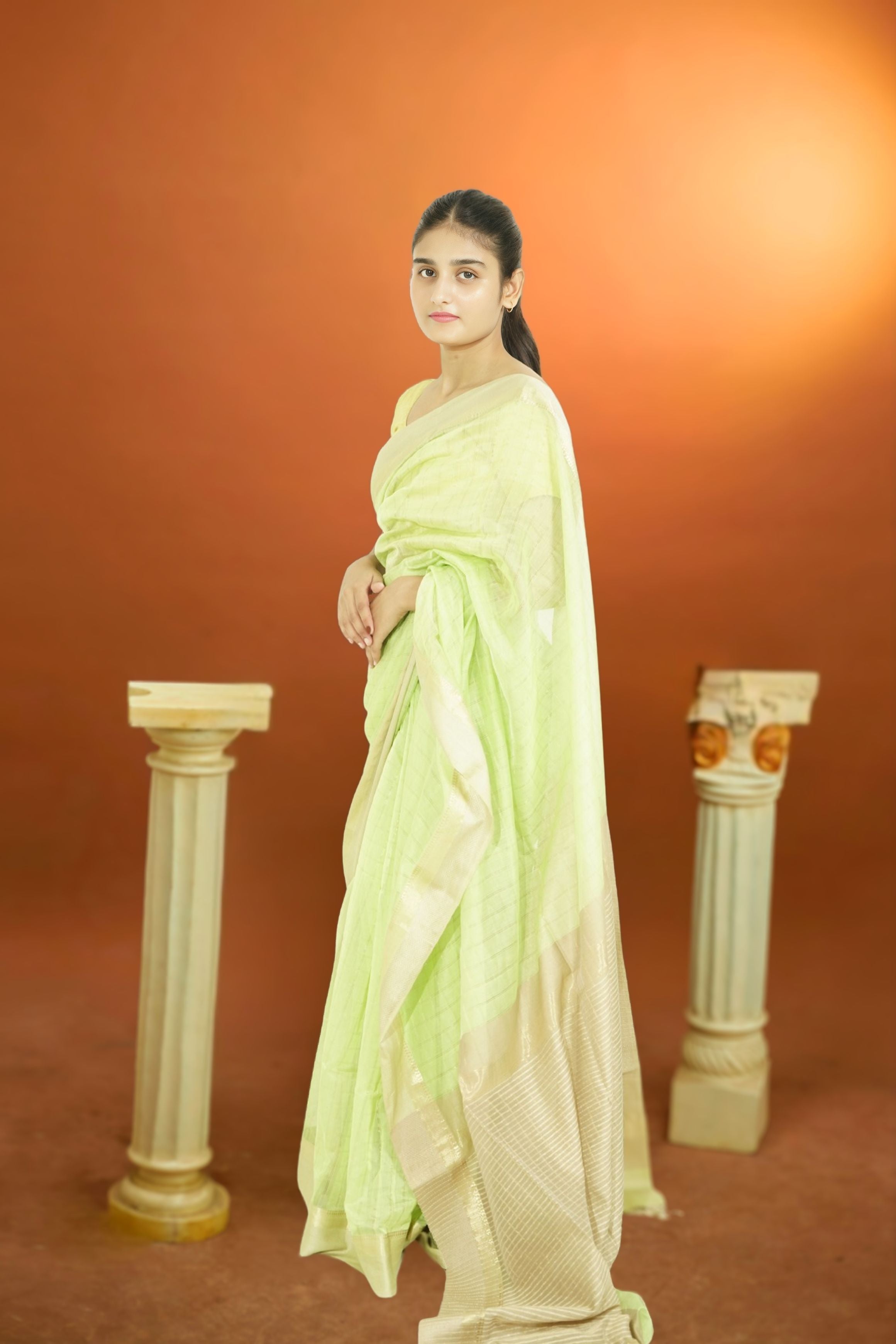 Maheshwari Silk Cotton Border CheckTraditional Saree – Lime Green