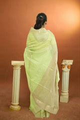 Maheshwari Silk Cotton Border CheckTraditional Saree – Lime Green