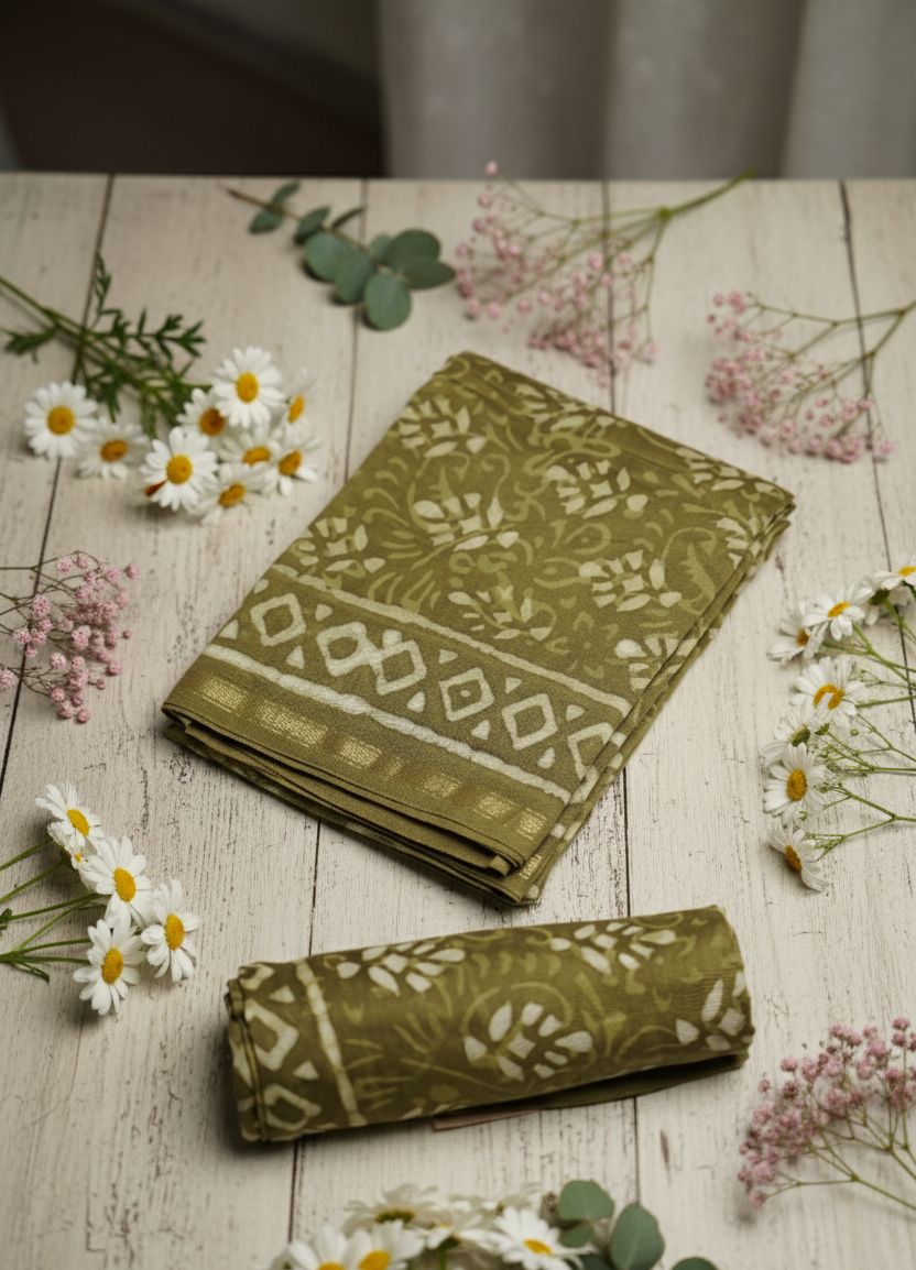 Chanderi Silk Cotton Dabu Print Suit - Dark Olive Green