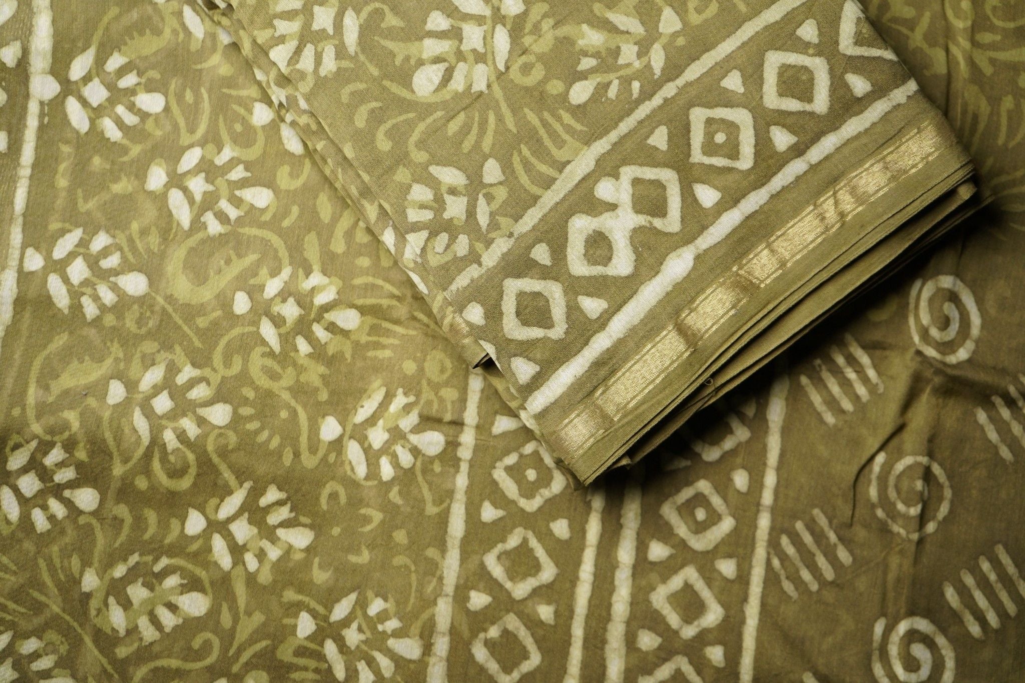 Chanderi Silk Cotton Dabu Print Suit - Dark Olive Green