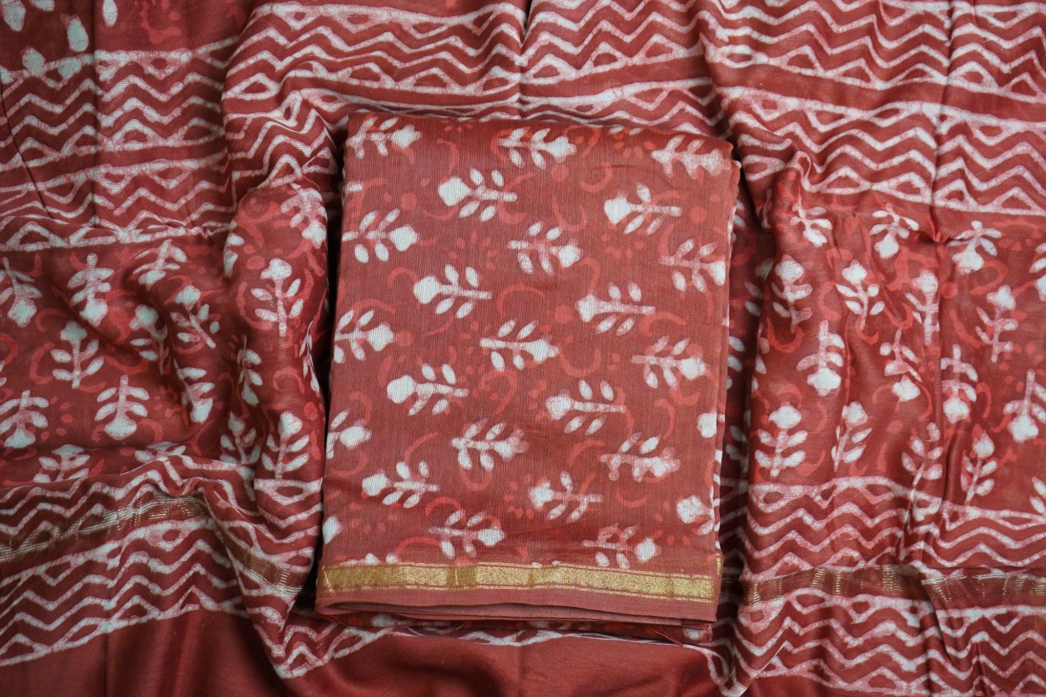 Chanderi Cotton Silk Indigo Suit – Dark Coral