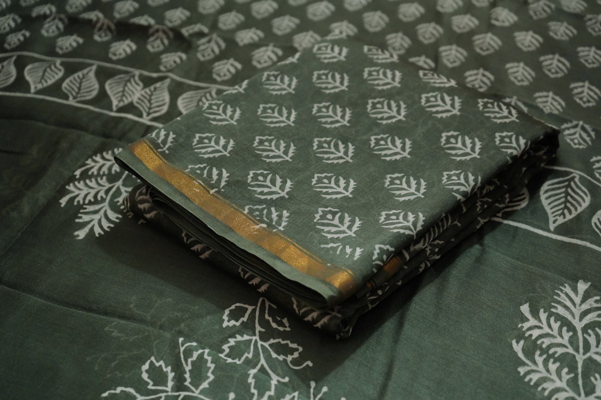 Chanderi Silk Dabu Print Suit – Dark Olive Green