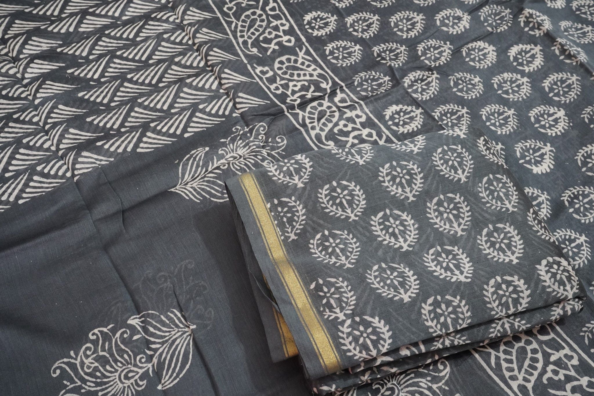 Chanderi Silk Cotton Dabu Print Suit- Dark Gray